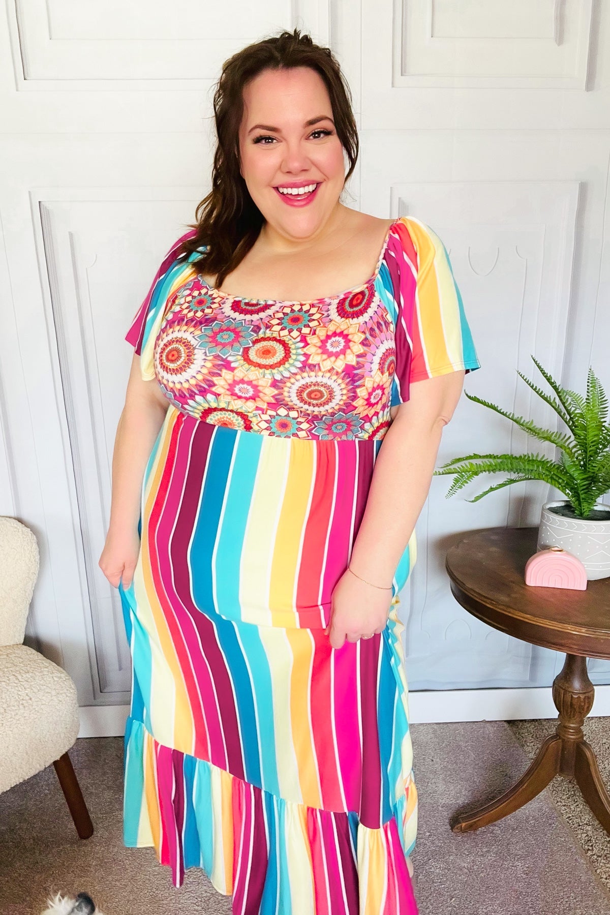 Feeling Bold Fuchsia & Teal Striped Medallion Crochet Print Dress Haptics