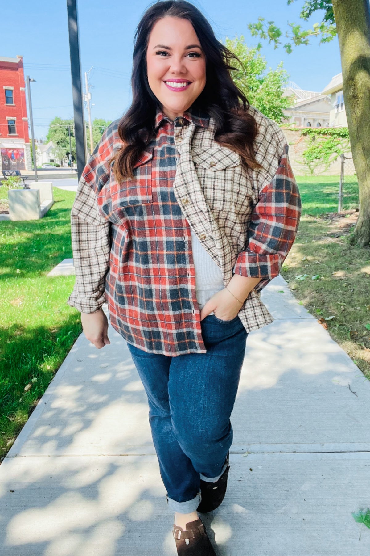 Make A Statement Rust & Taupe Plaid Color Block Shacket