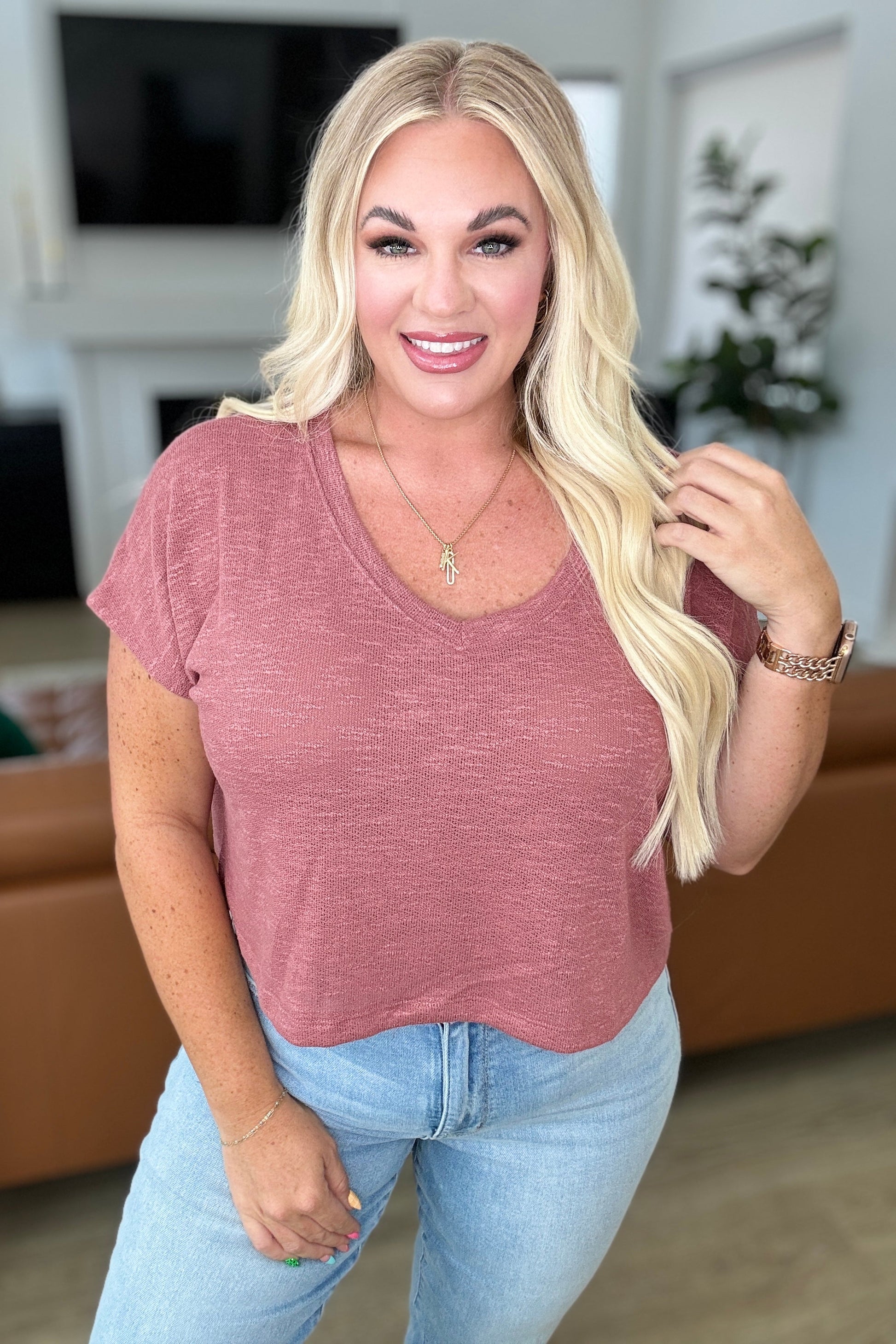 Classic Comfort V-Neck Top in Winter Rose - Shop All Around Divas