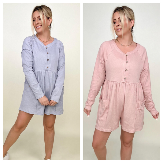 Comfy Knit Button-Down Long Sleeve Romper - 2 Colors