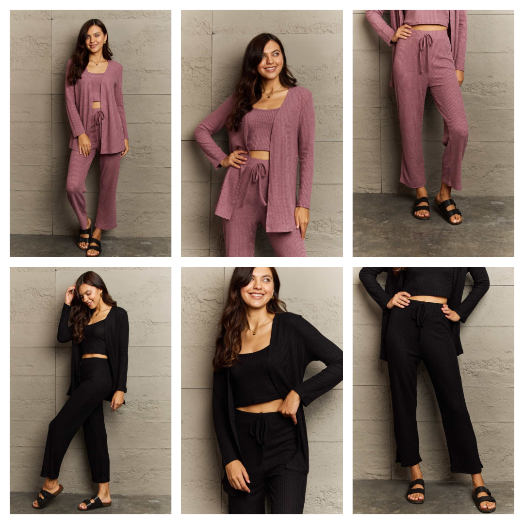 Serena Cropped Top, Long Pants and Cardigan Lounge Set - 2 Colors