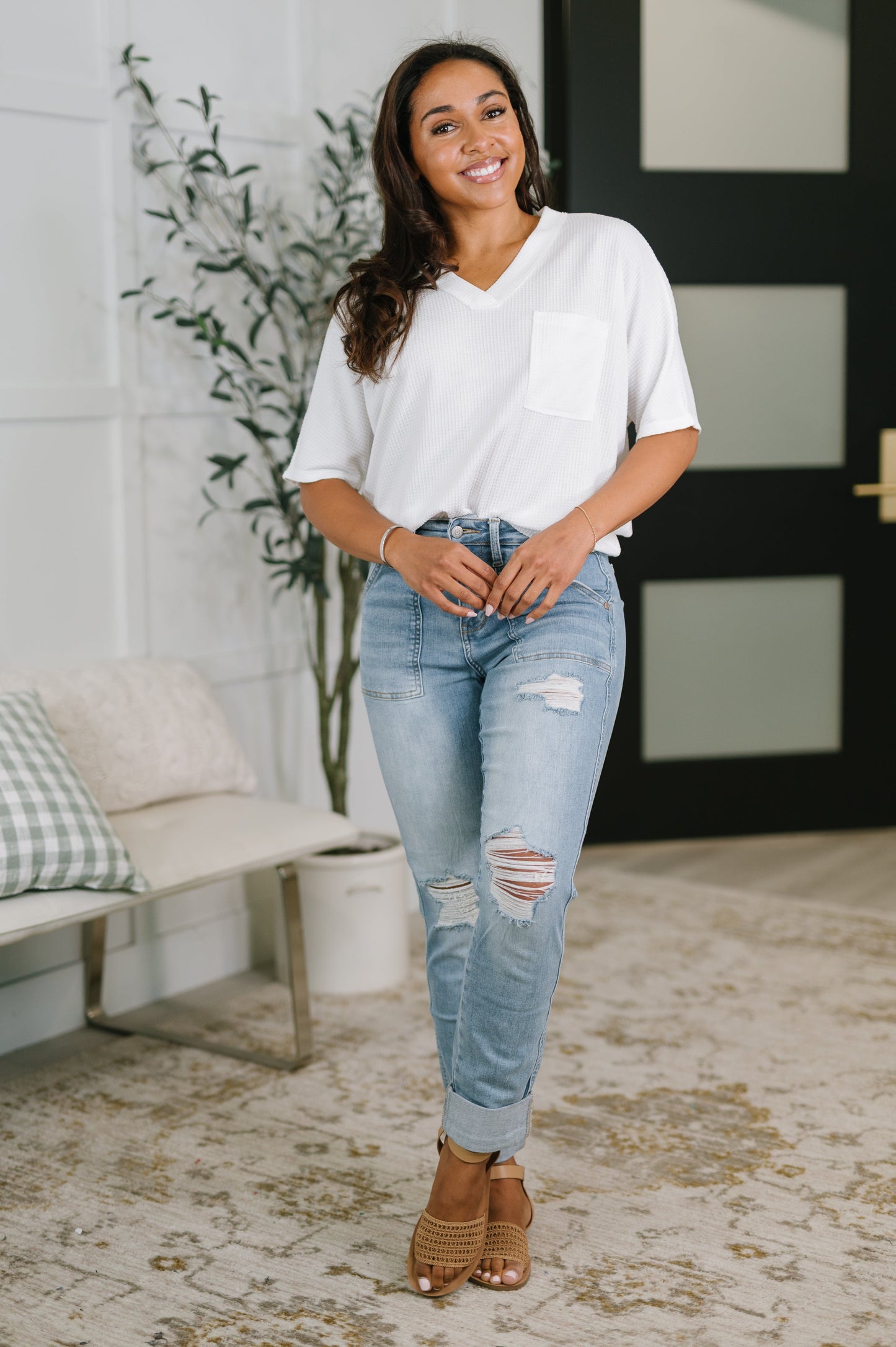Aiden High Rise Patch Pocket Distressed Boyfriend Jeans - JUDY BLUE