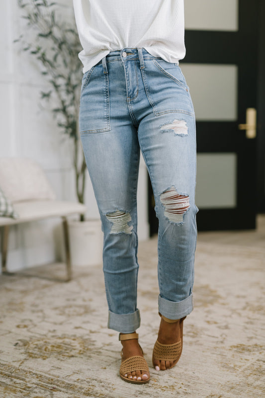 Aiden High Rise Patch Pocket Distressed Boyfriend Jeans - JUDY BLUE