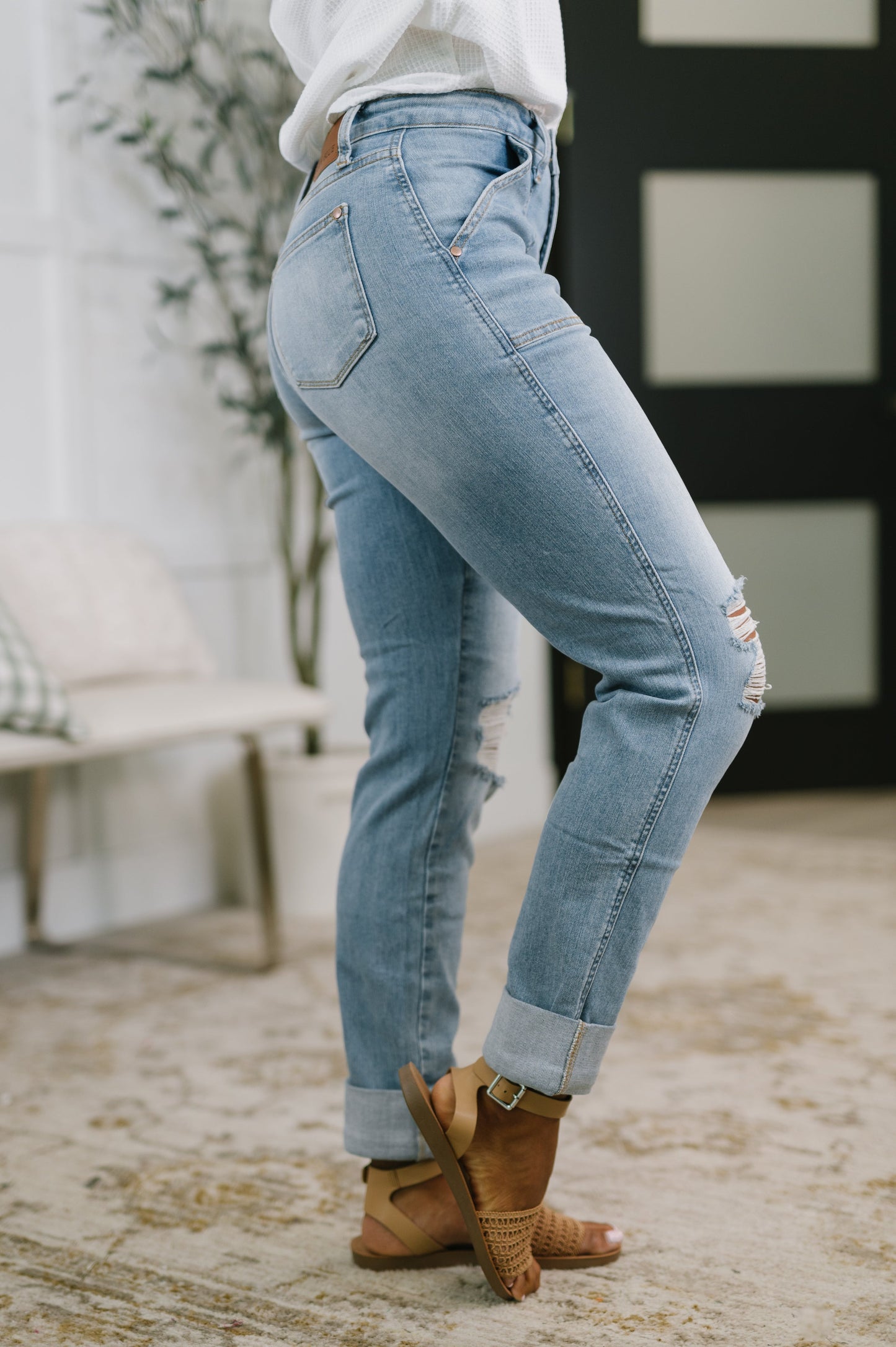 Aiden High Rise Patch Pocket Distressed Boyfriend Jeans - JUDY BLUE