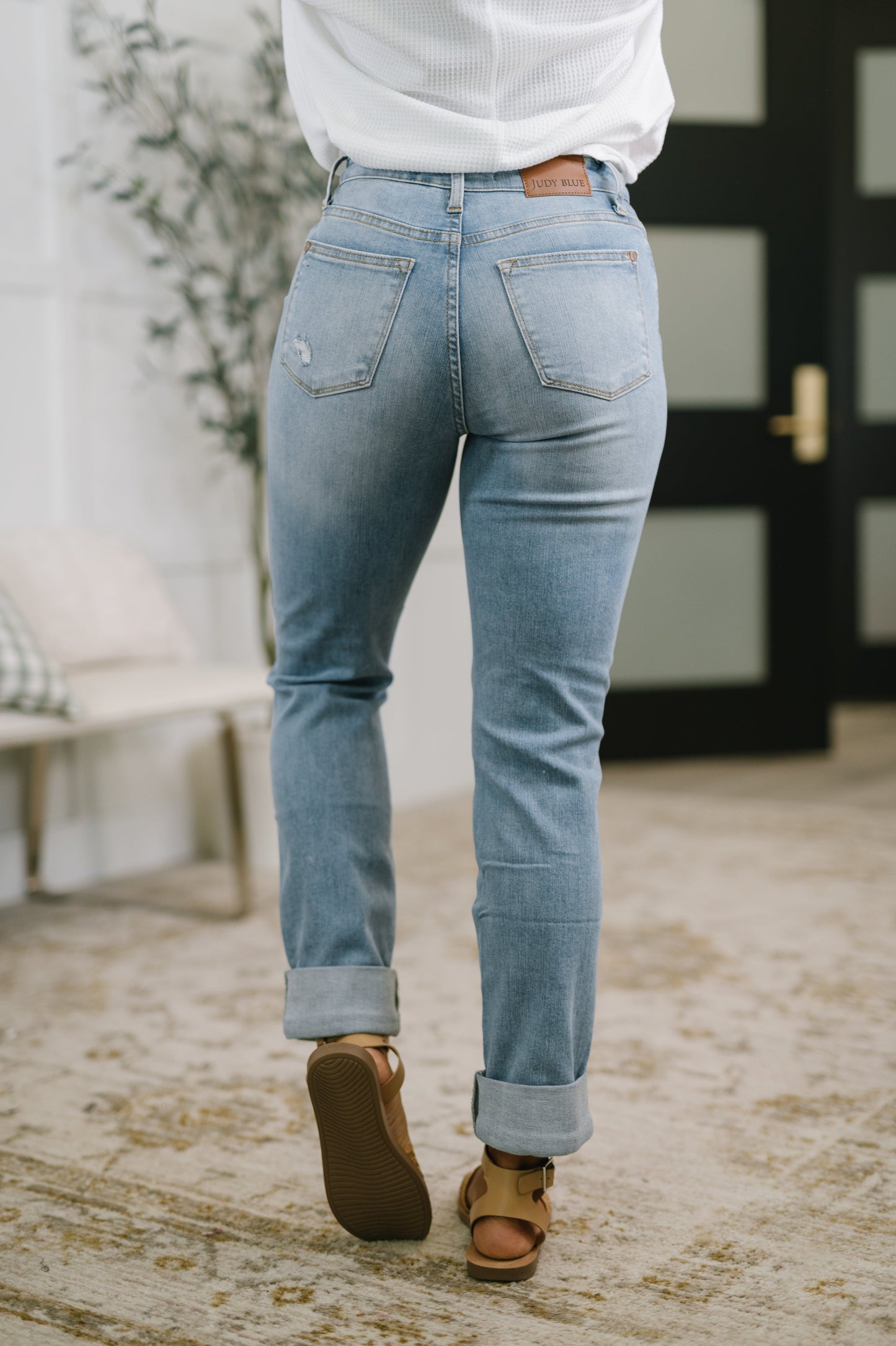 Aiden High Rise Patch Pocket Distressed Boyfriend Jeans - JUDY BLUE