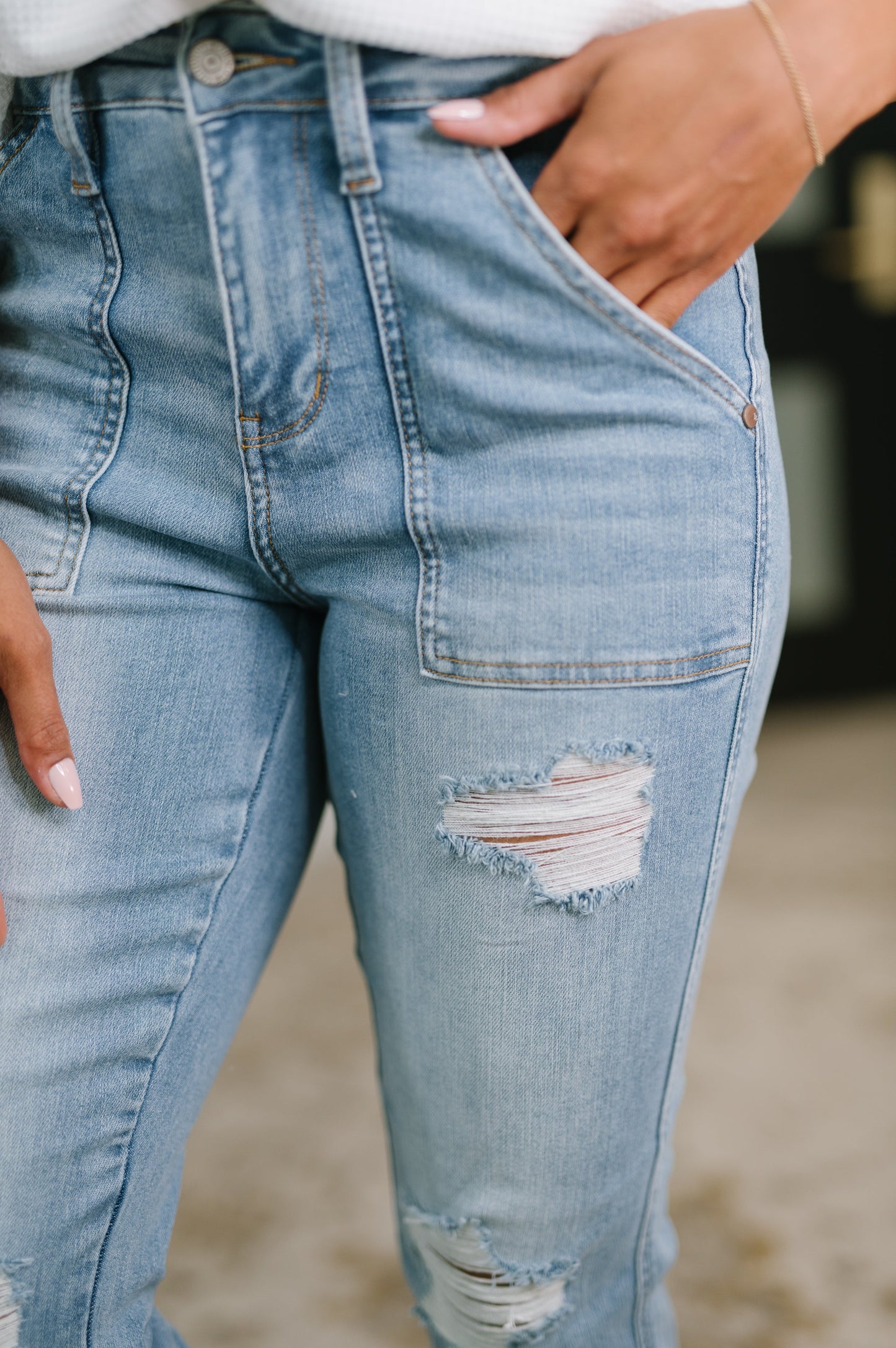 Aiden High Rise Patch Pocket Distressed Boyfriend Jeans - JUDY BLUE