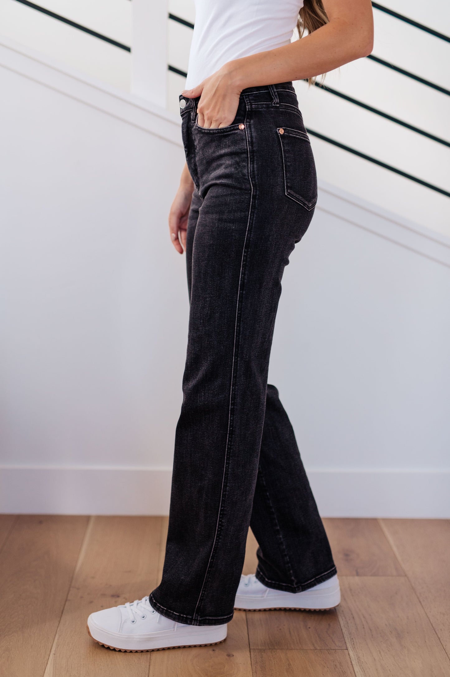 Joan High Rise Control Top Straight Jeans in Washed Black - Shop All Around Divas