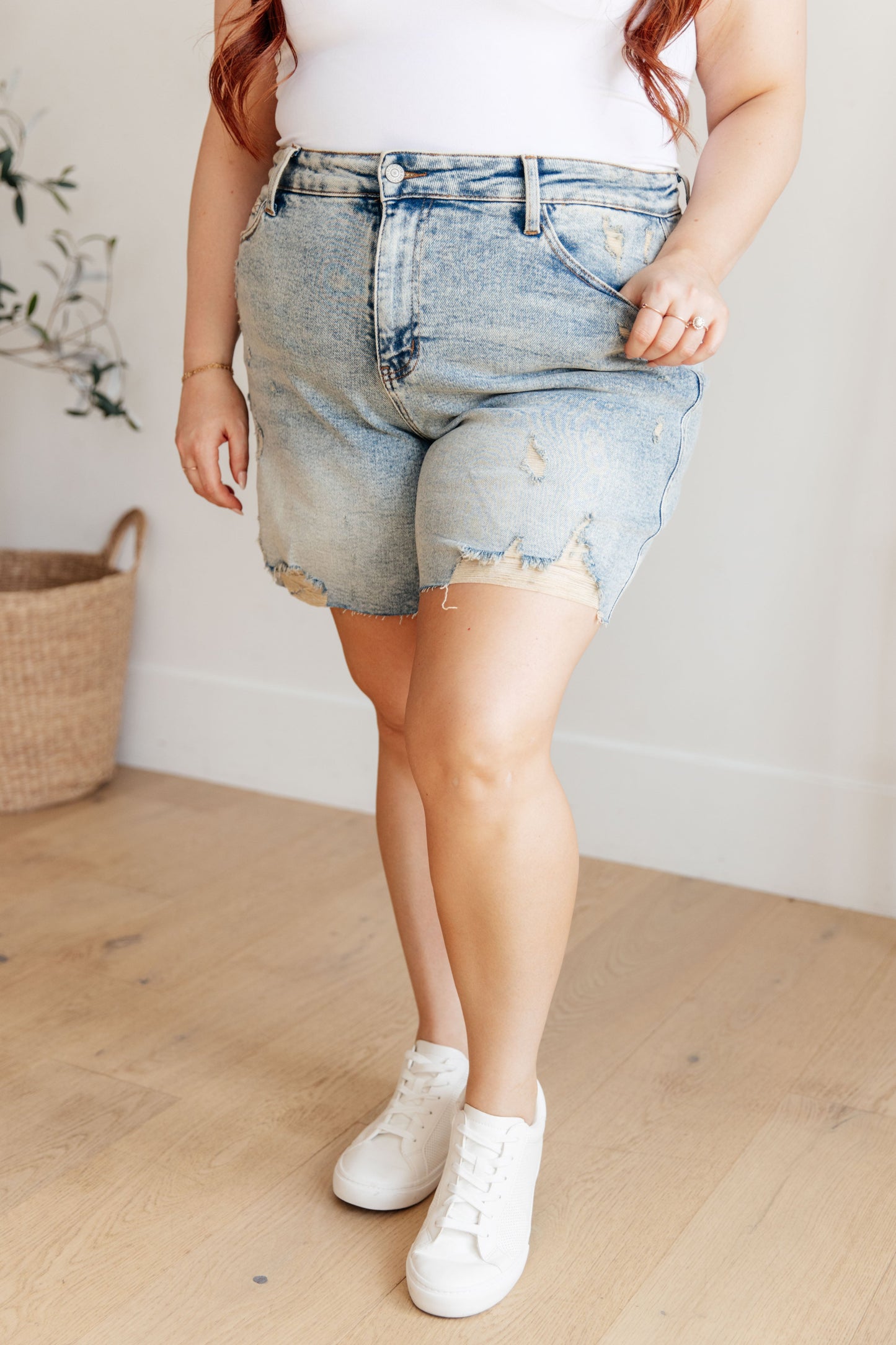Cindy High Rise Mineral Wash Distressed Boyfriend Shorts - JUDY BLUE