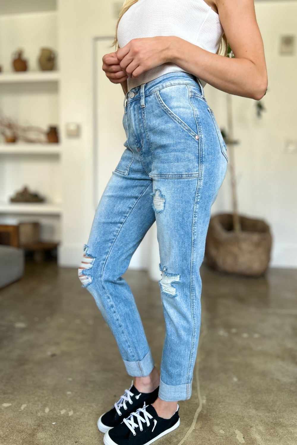 Judy Blue Full Size Distressed Straight Jeans with Patch Pockets Trendsi