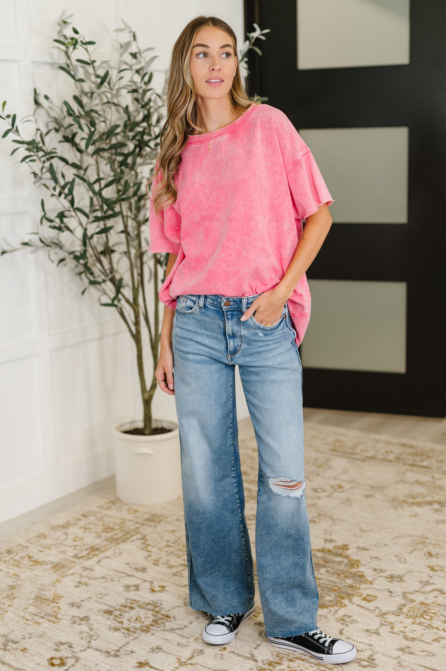 Just My Type Mineral Wash Relaxed Top in Fuchsia