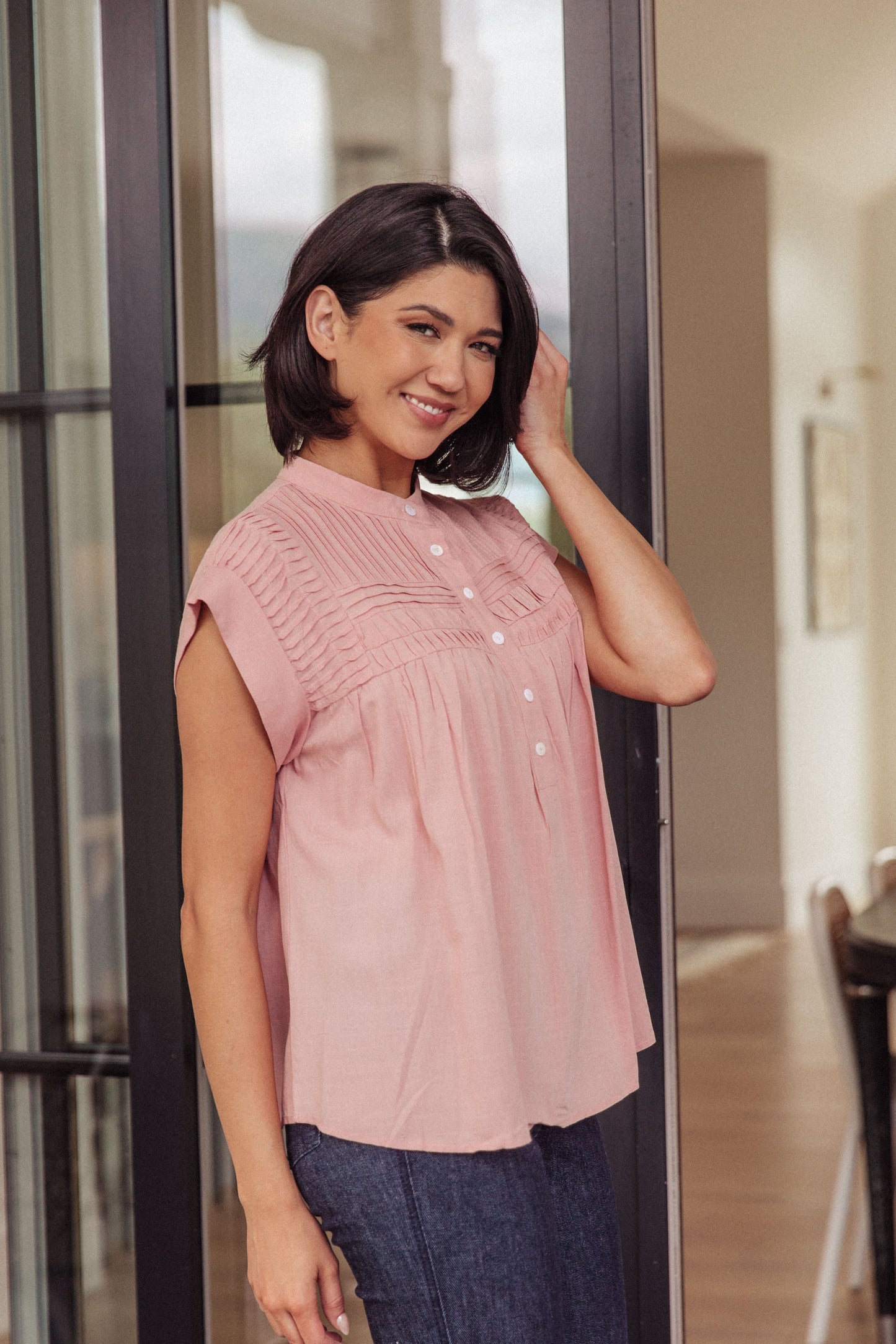 Pleat Detail Button Up Blouse in Pink - Shop All Around Divas