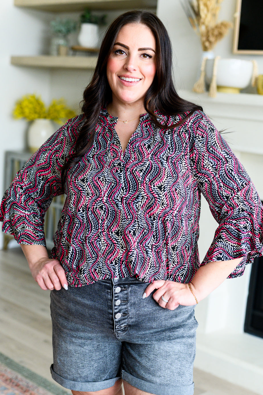 Lizzy Bell Sleeve Top in Black and Pink Rope - Shop All Around Divas