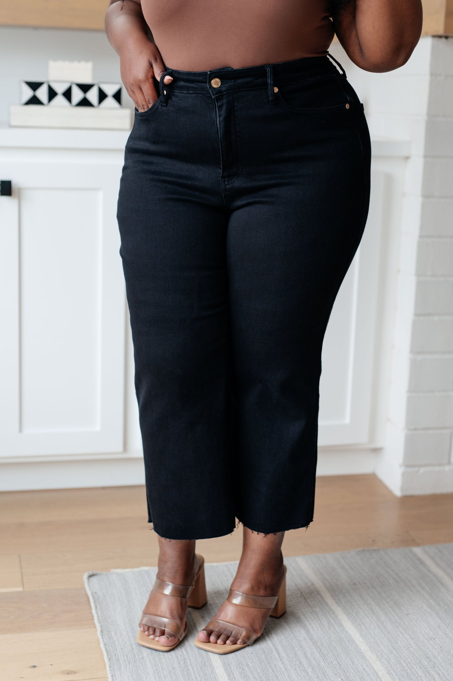 Lizzy High Rise Control Top Wide Leg Crop Jeans in Black - Shop All Around Divas