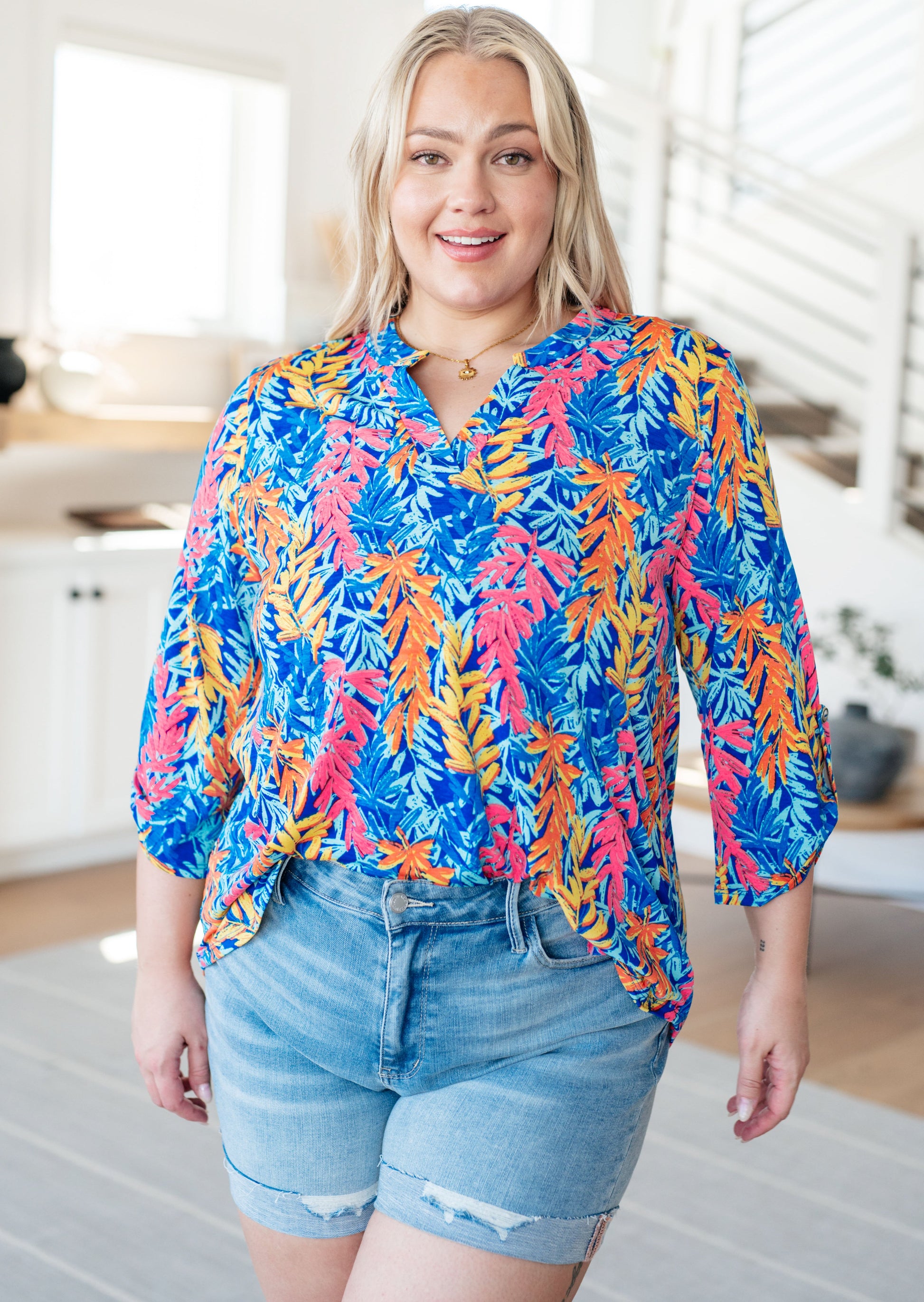 Lizzy Top in Blue and Pink Branches - Shop All Around Divas