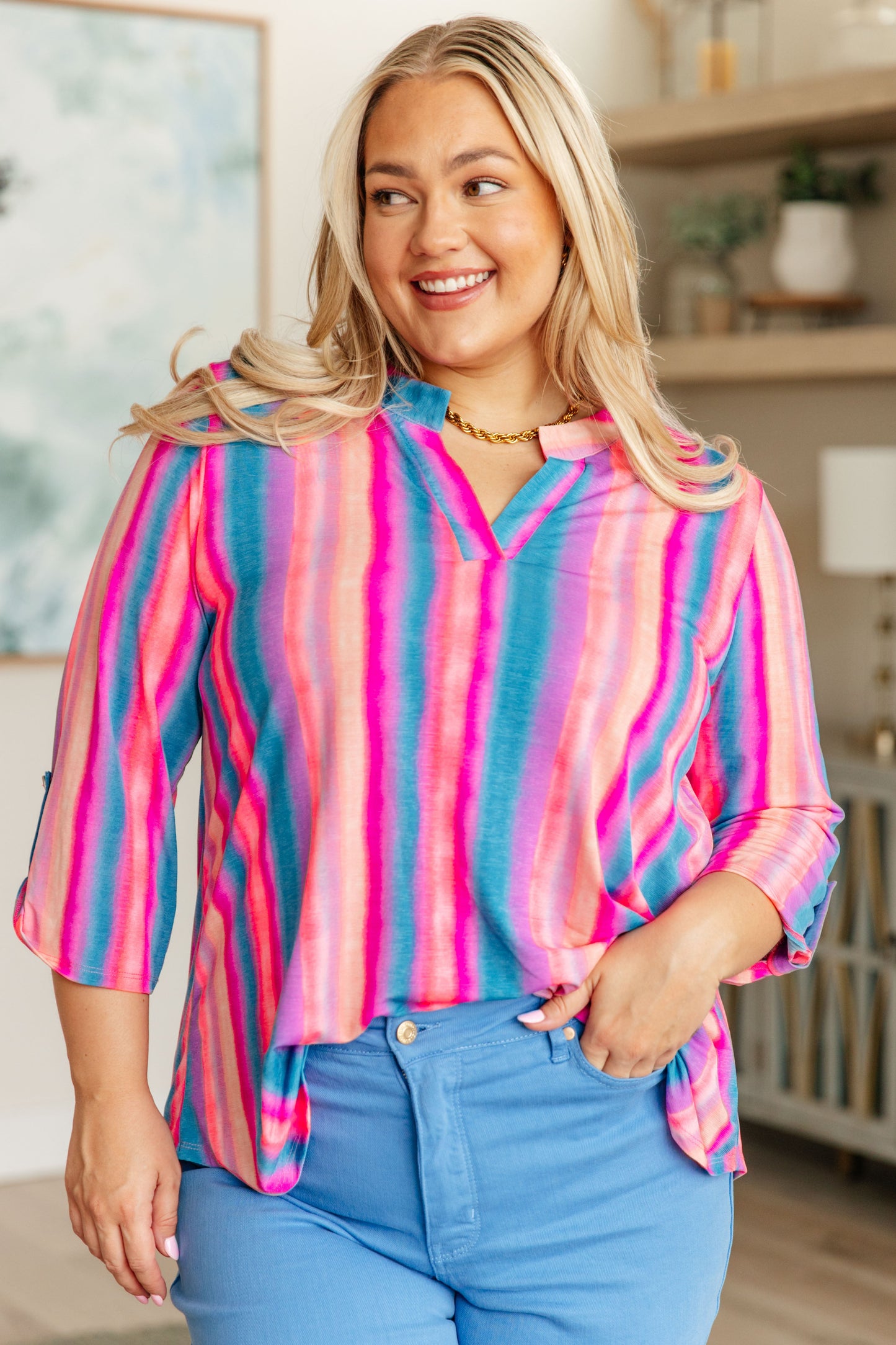 Lizzy Top in Blue and Pink Stripe - Shop All Around Divas