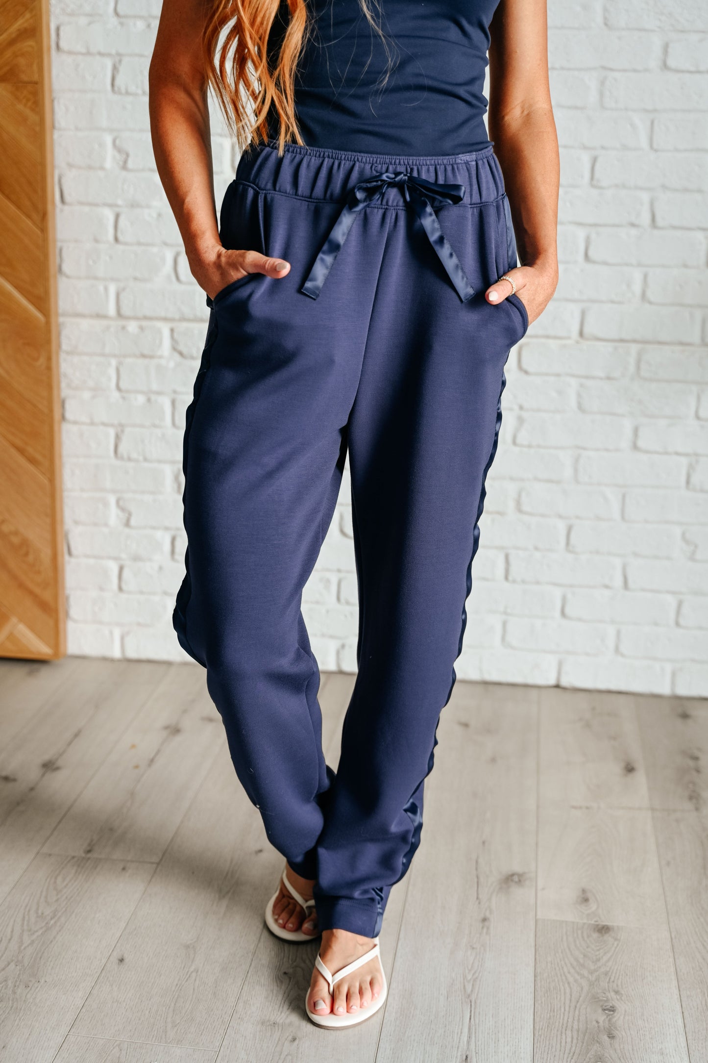 Lysa Satin Stripe Lounge Pants in Smoky Navy Ave Shops