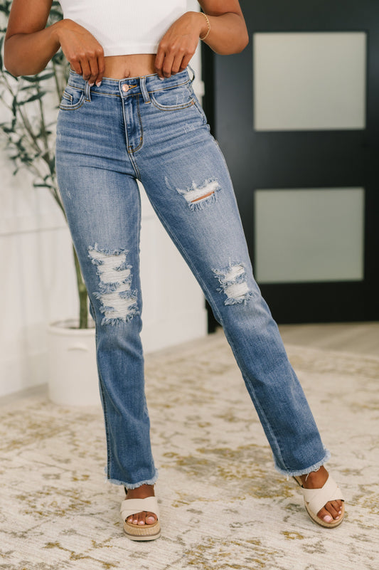 Maureen High Rise Distressed Bootcut Jeans - JUDY BLUE