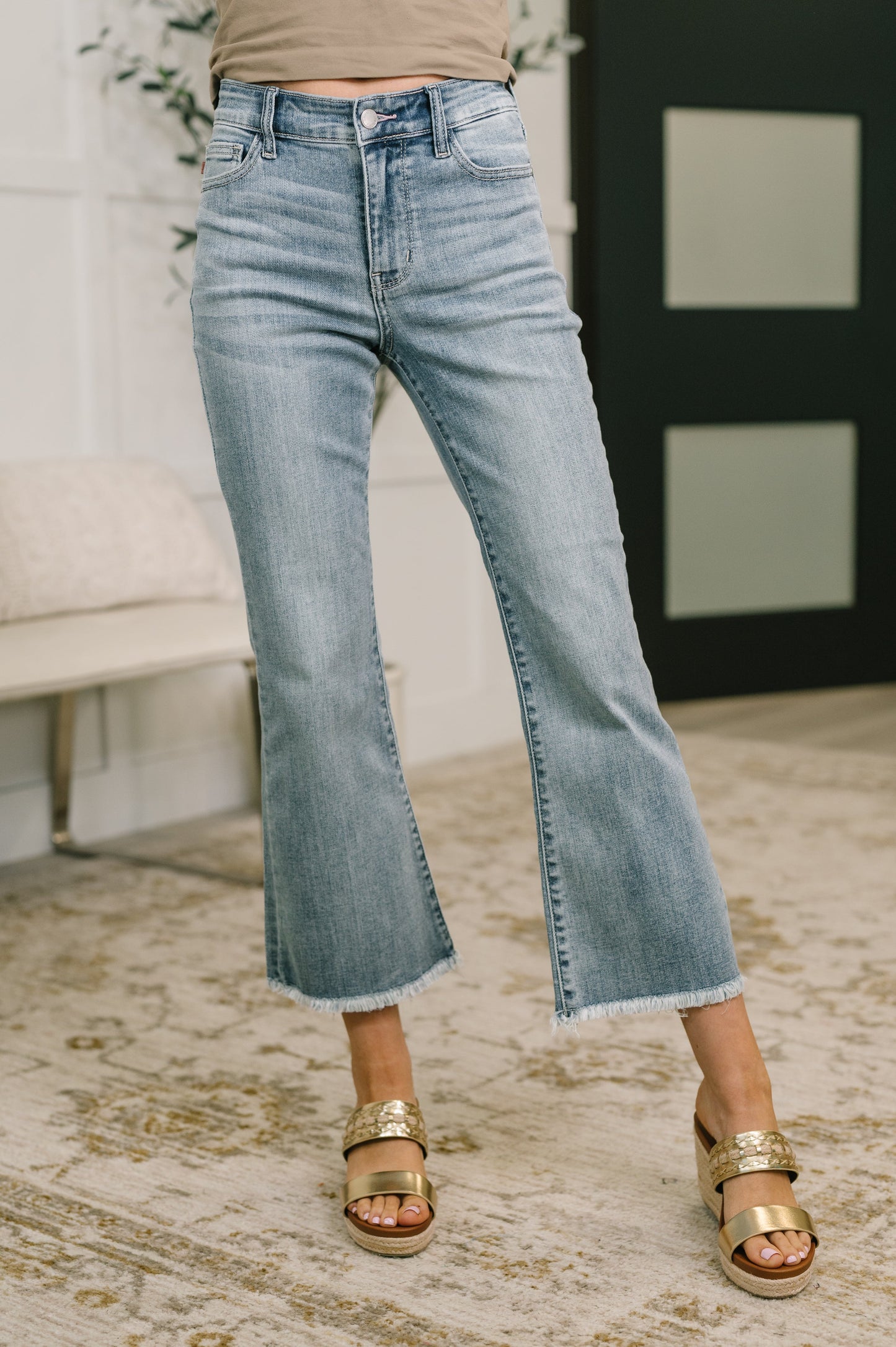 Mckaylee Mid Rise Kick Flare Jeans with Frayed Hem - JUDY BLUE
