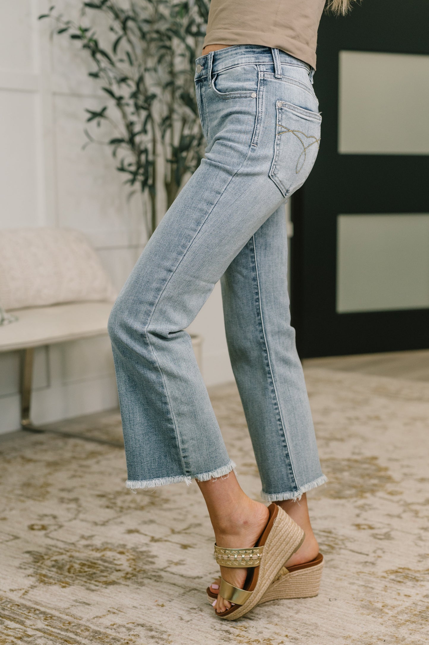 Mckaylee Mid Rise Kick Flare Jeans with Frayed Hem - JUDY BLUE