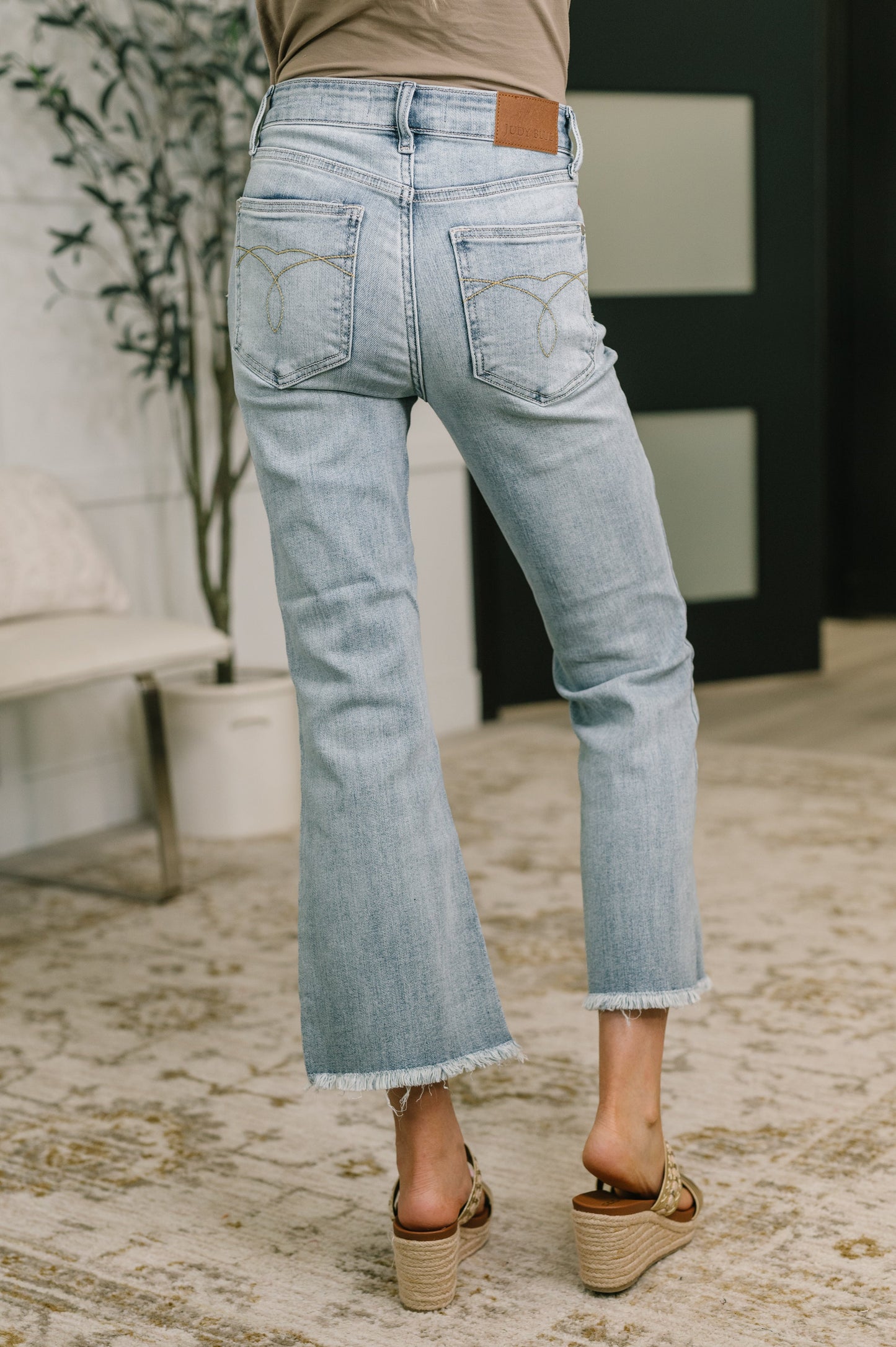 Mckaylee Mid Rise Kick Flare Jeans with Frayed Hem - JUDY BLUE