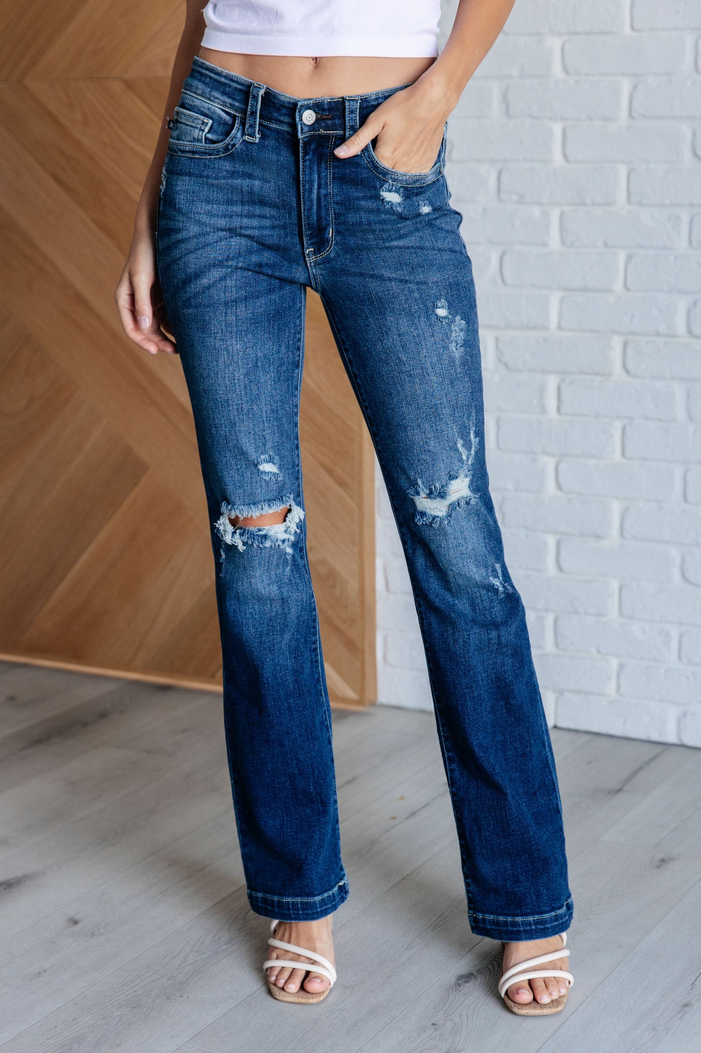 Mila Mid Rise Distressed Bootcut Jeans Ave Shops