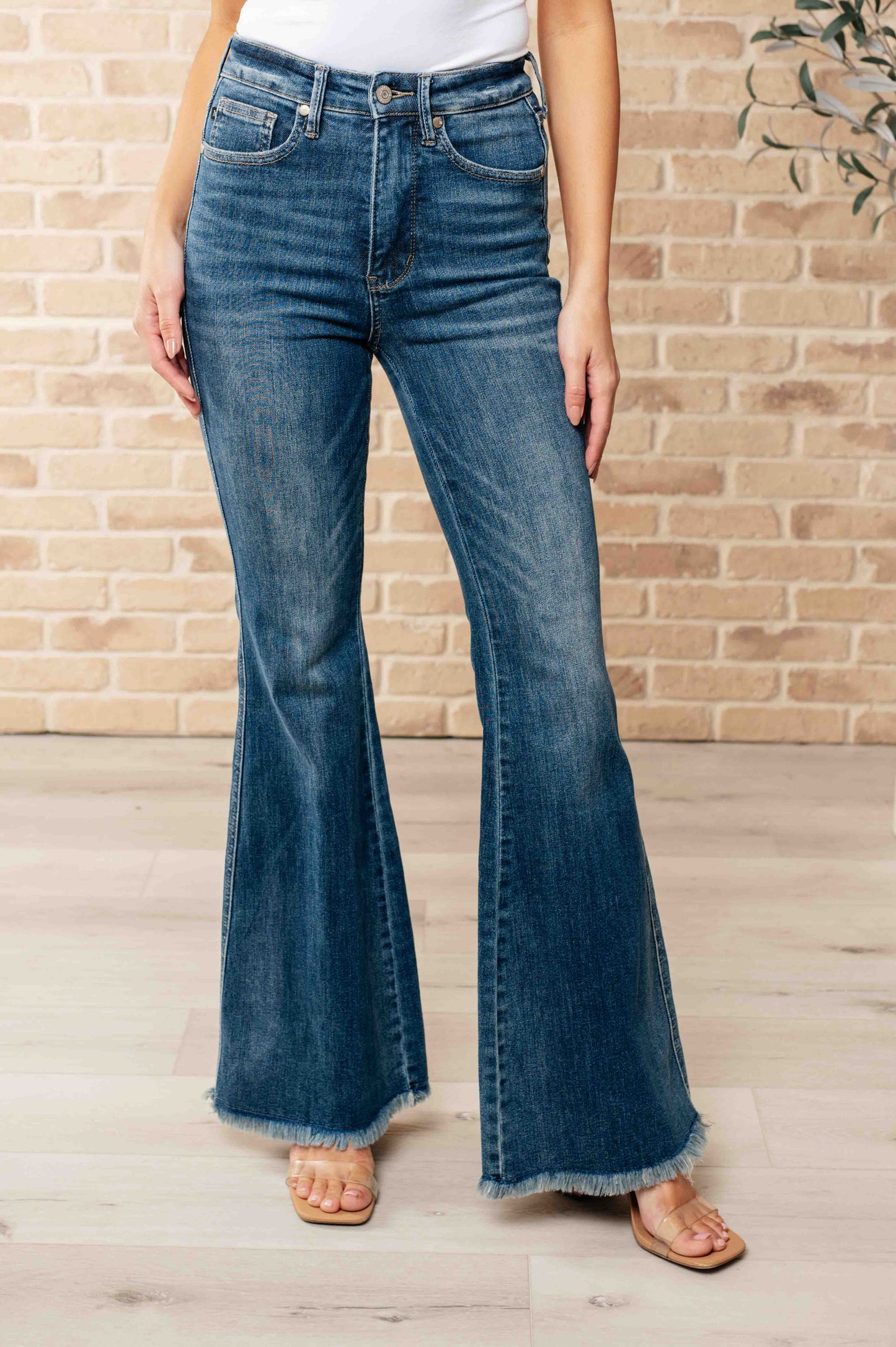 Miley High Waist Control Top Frayed Hem Flare Jeans - JUDY BLUE - Shop All Around Divas