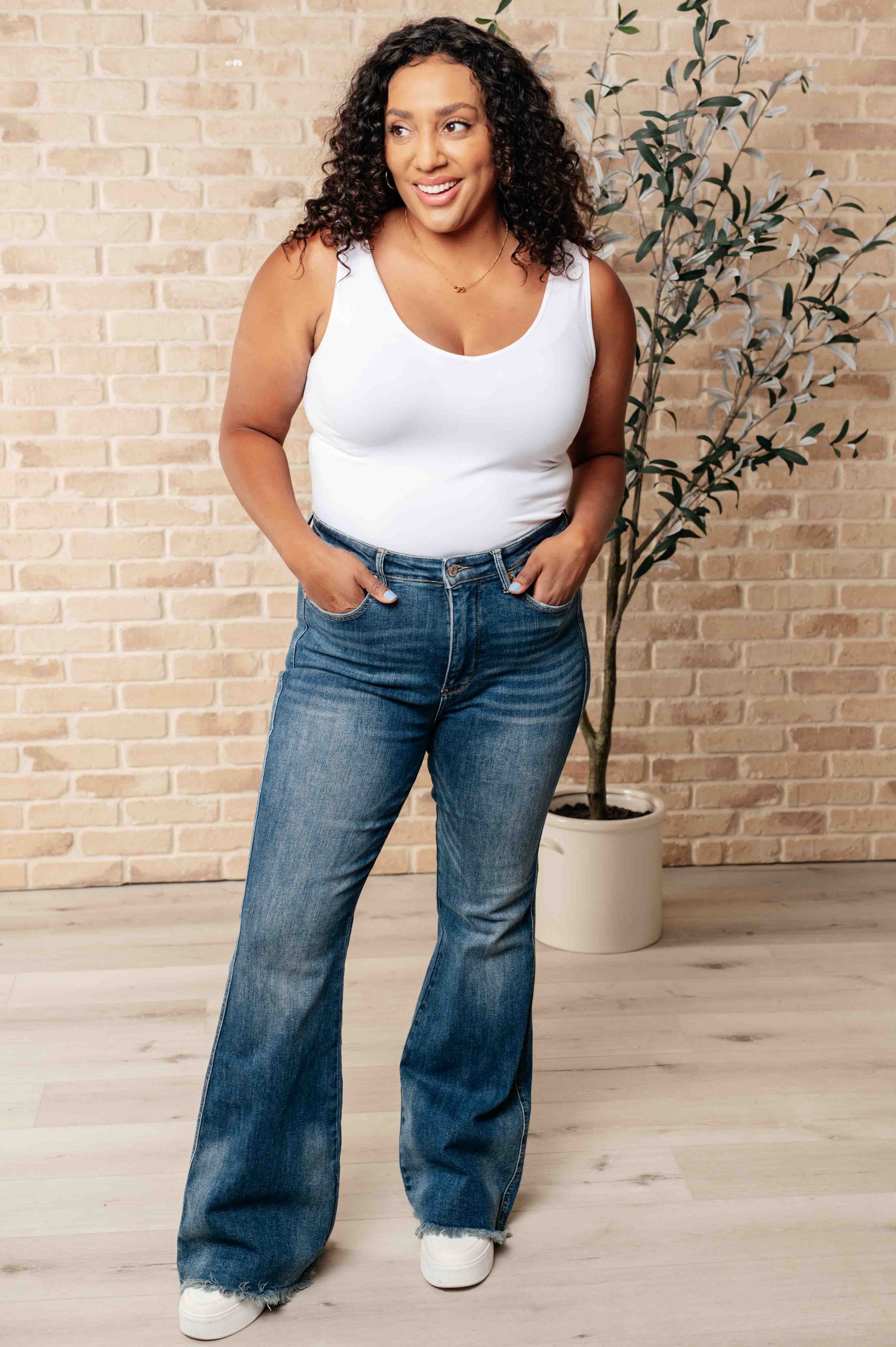 Miley High Waist Control Top Frayed Hem Flare Jeans - JUDY BLUE - Shop All Around Divas