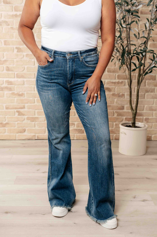 Miley High Waist Control Top Frayed Hem Flare Jeans - JUDY BLUE - Shop All Around Divas