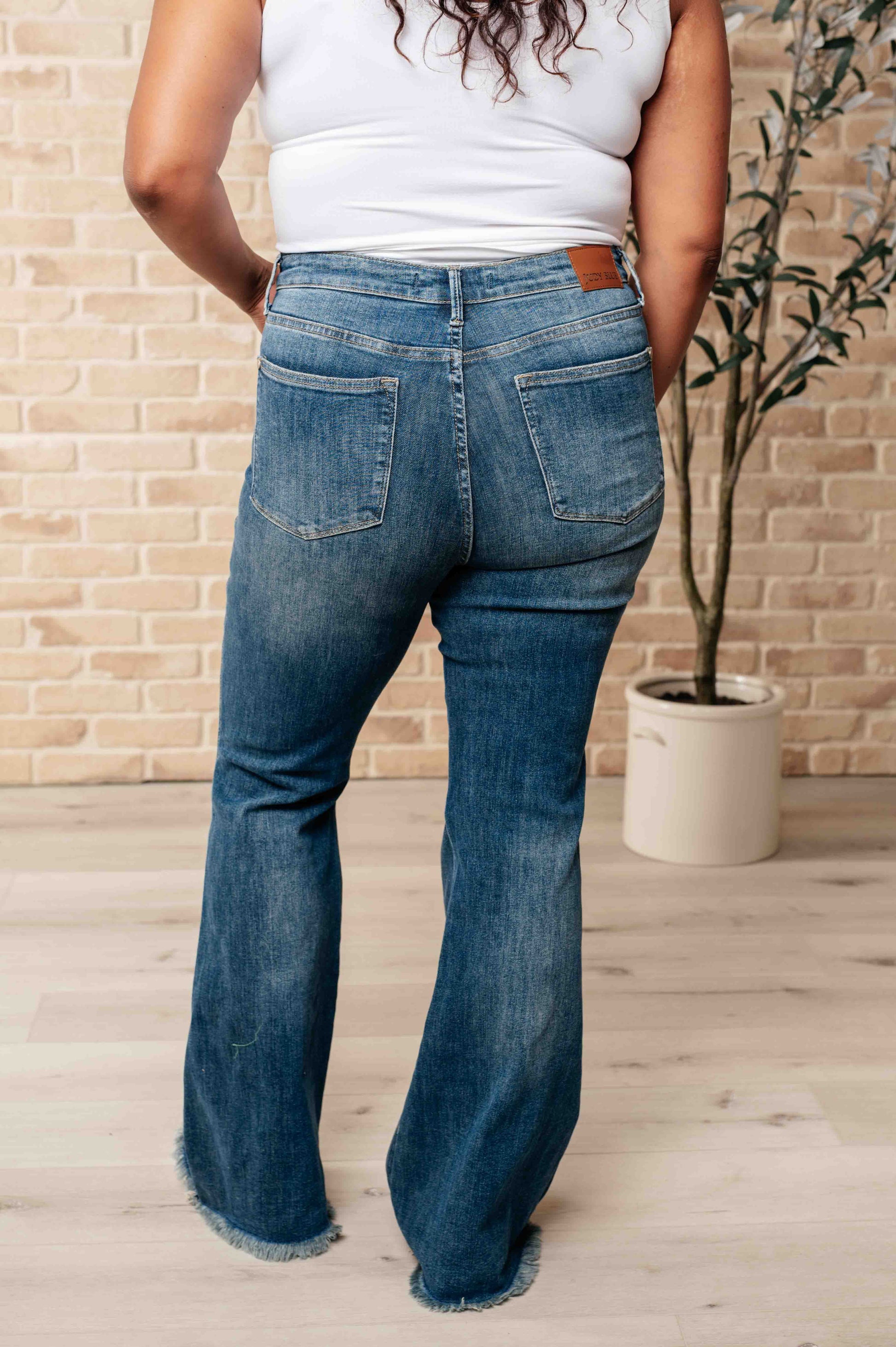 Miley High Waist Control Top Frayed Hem Flare Jeans - JUDY BLUE - Shop All Around Divas