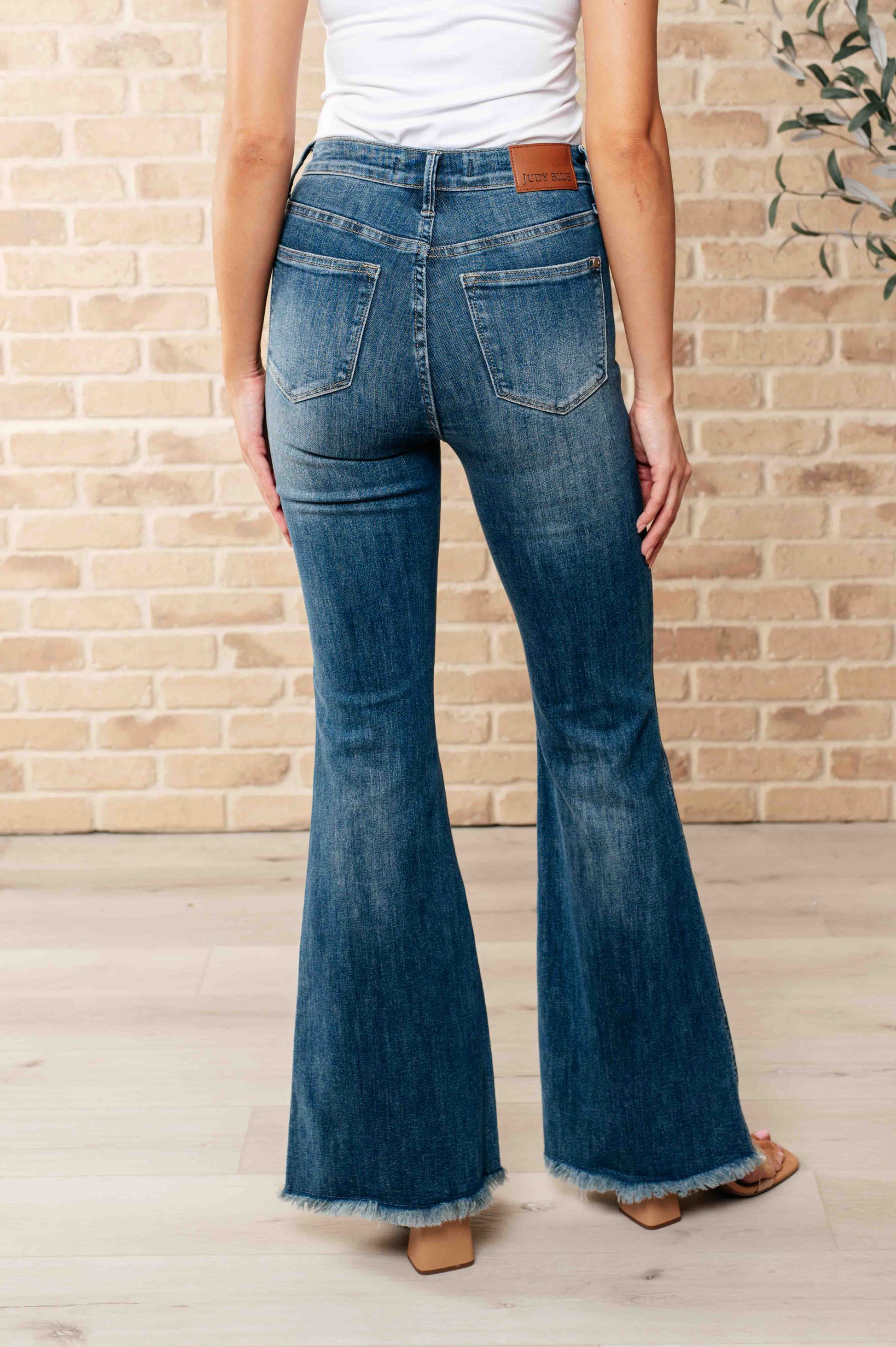 Miley High Waist Control Top Frayed Hem Flare Jeans - JUDY BLUE - Shop All Around Divas