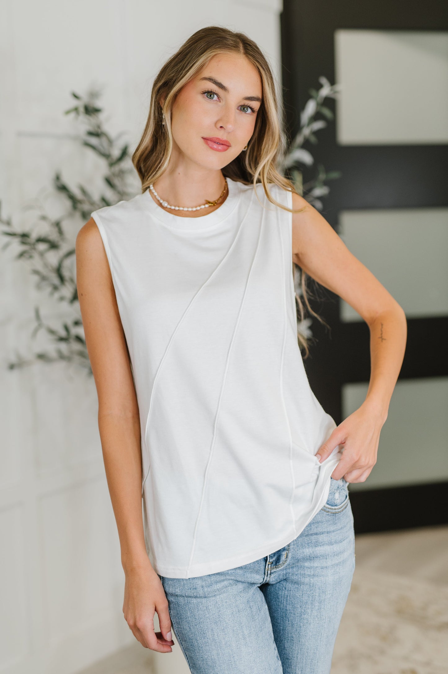 New Normal Pleat Detail Sleeveless Top in White
