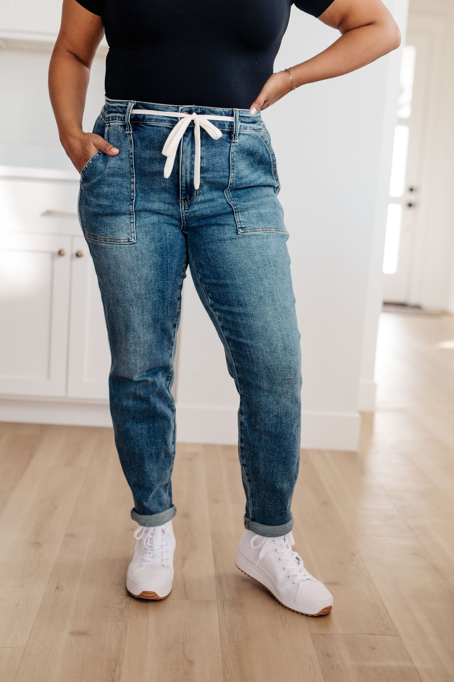 Payton Pull On Denim Joggers in Medium Wash - Shop All Around Divas