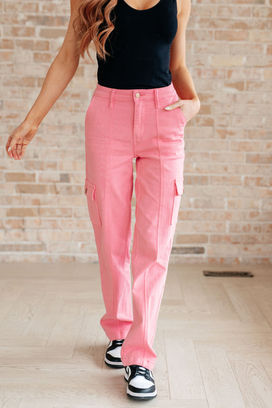 Peggy High Rise Cargo Straight Jeans in Pink - JUDY BLUE - Shop All Around Divas