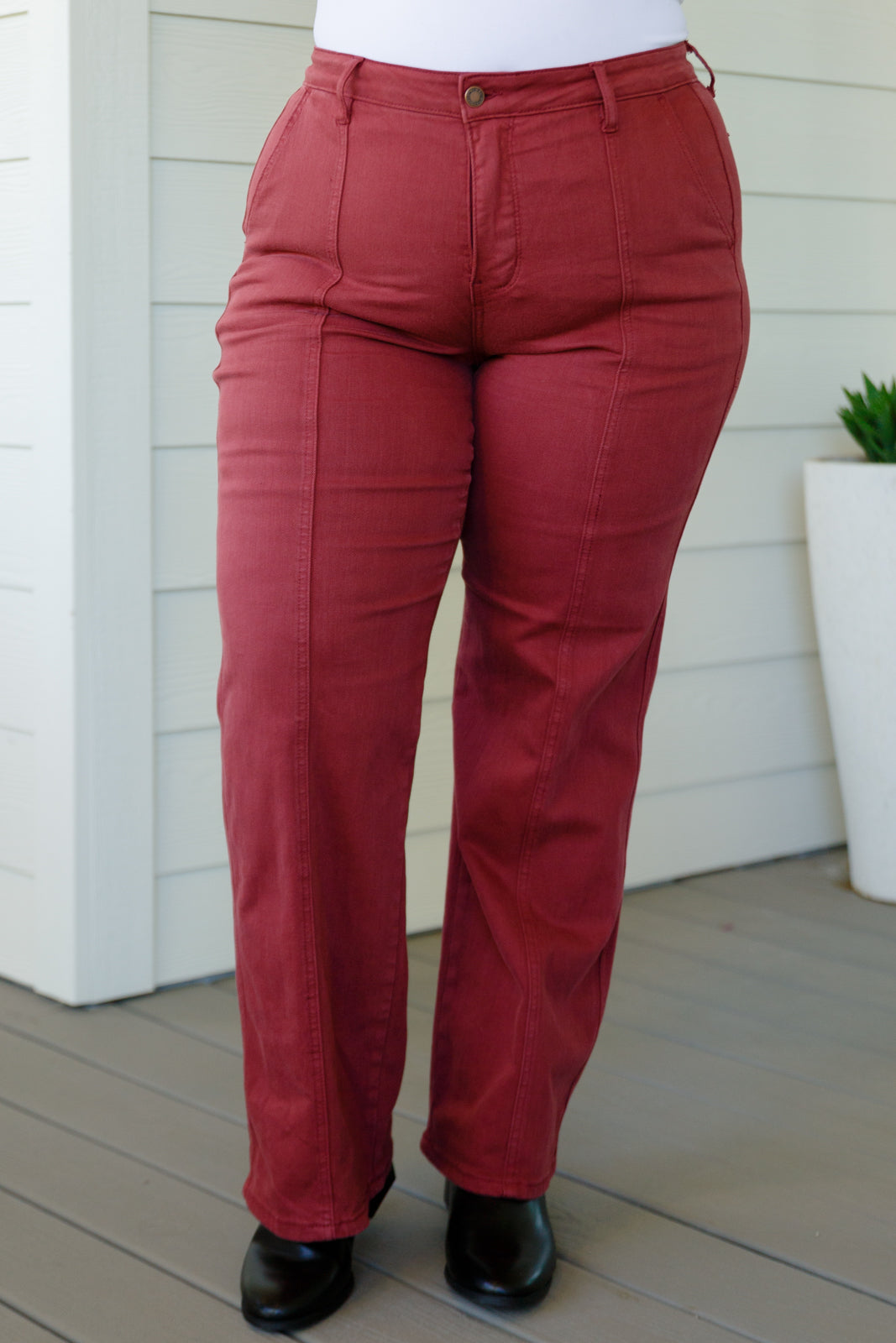 Phoebe High Rise Front Seam Straight Jeans in Burgundy - JUDY BLUE