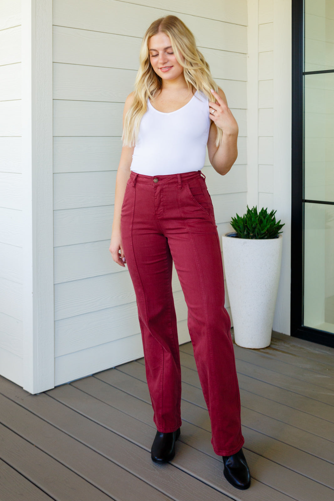 Phoebe High Rise Front Seam Straight Jeans in Burgundy - JUDY BLUE - Shop All Around Divas