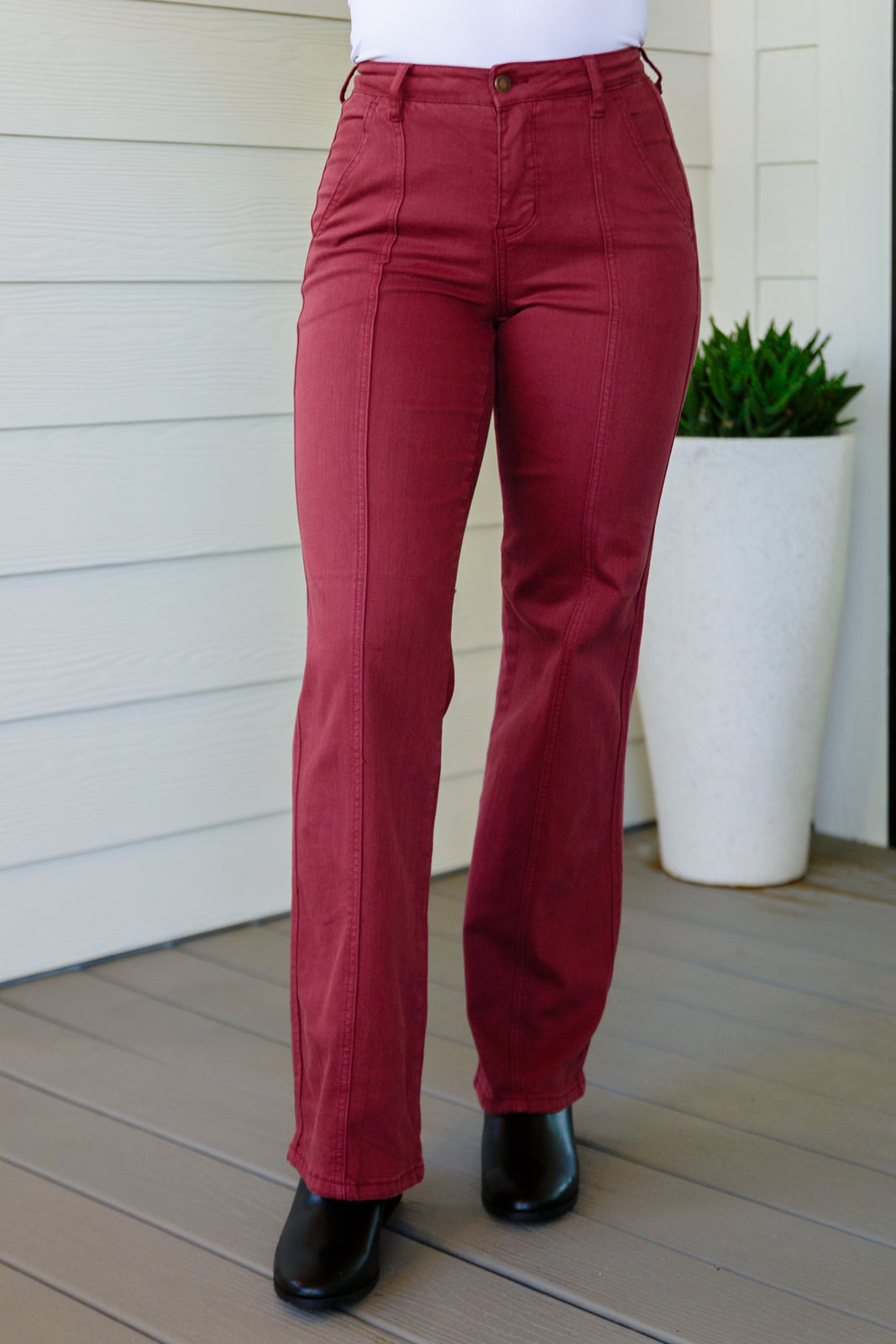 Phoebe High Rise Front Seam Straight Jeans in Burgundy - JUDY BLUE