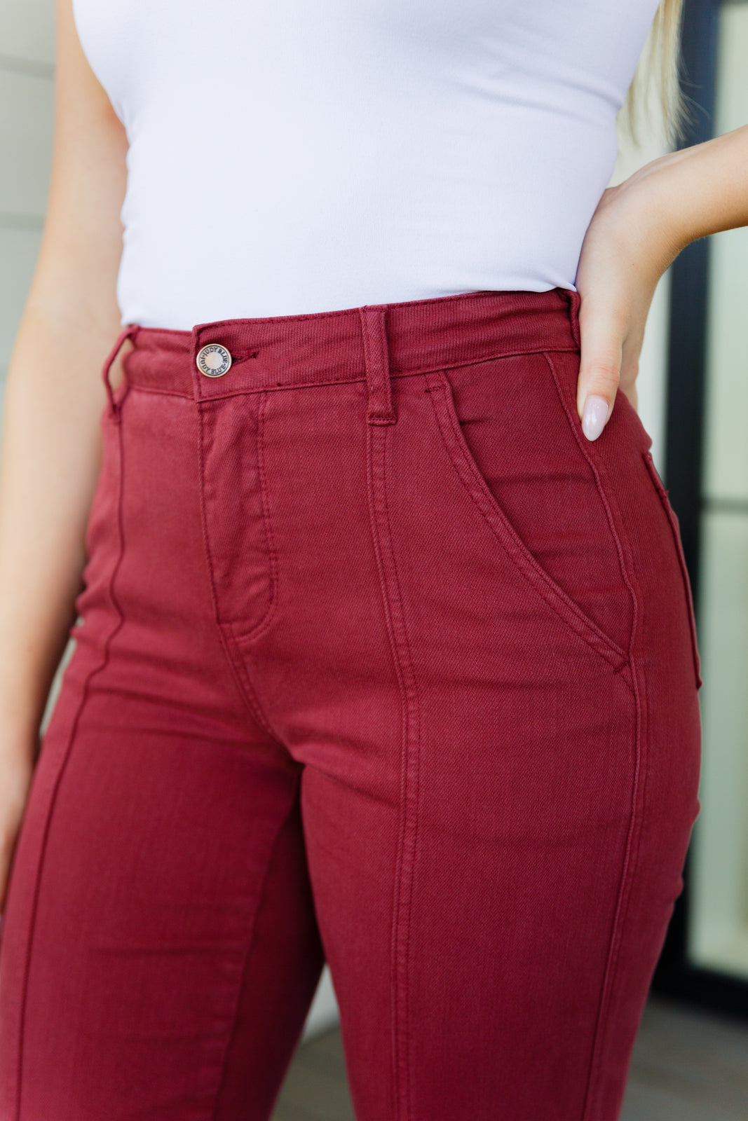 Phoebe High Rise Front Seam Straight Jeans in Burgundy - JUDY BLUE - Shop All Around Divas