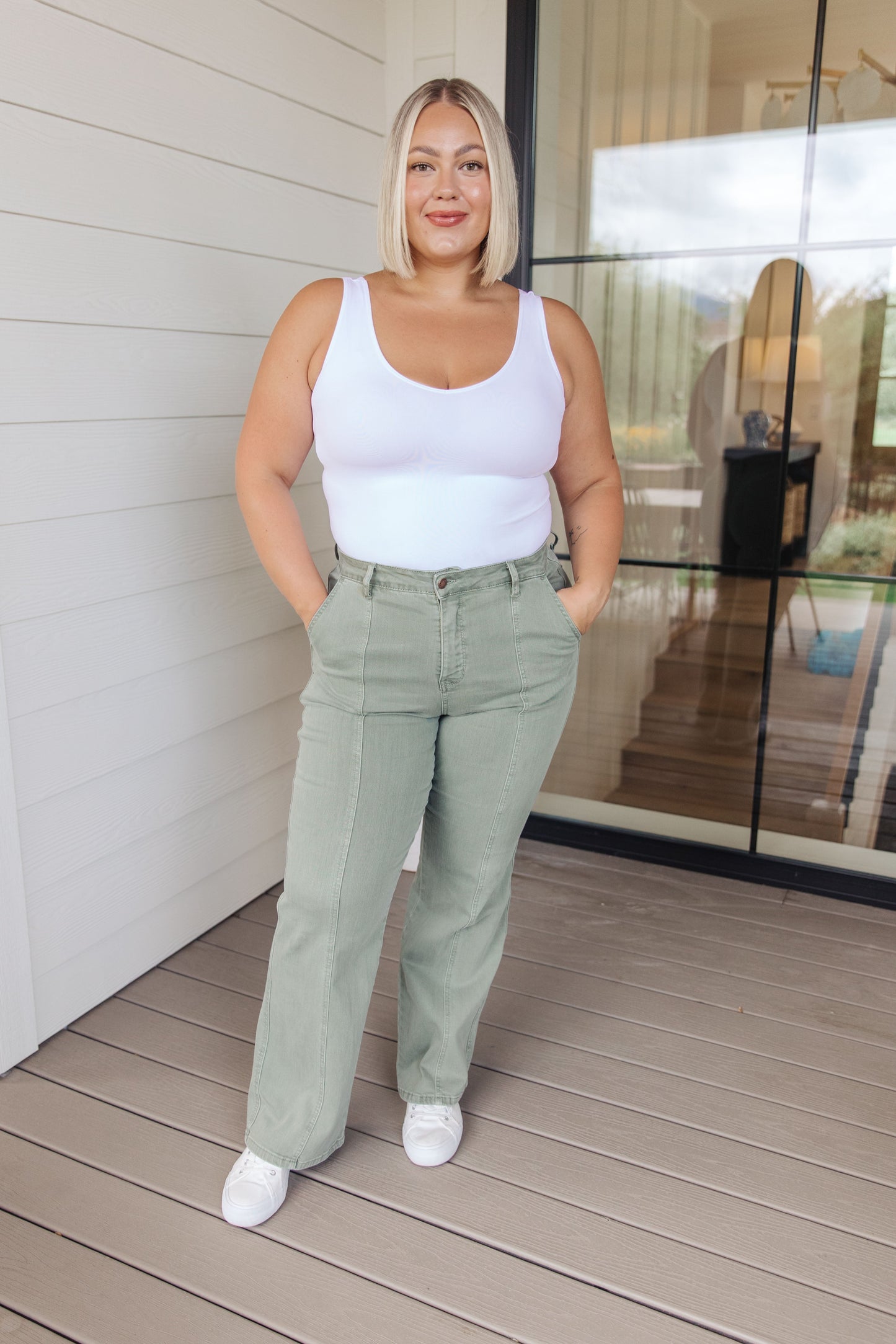 Phoebe High Rise Front Seam Straight Jeans in Sage - JUDY BLUE - Shop All Around Divas