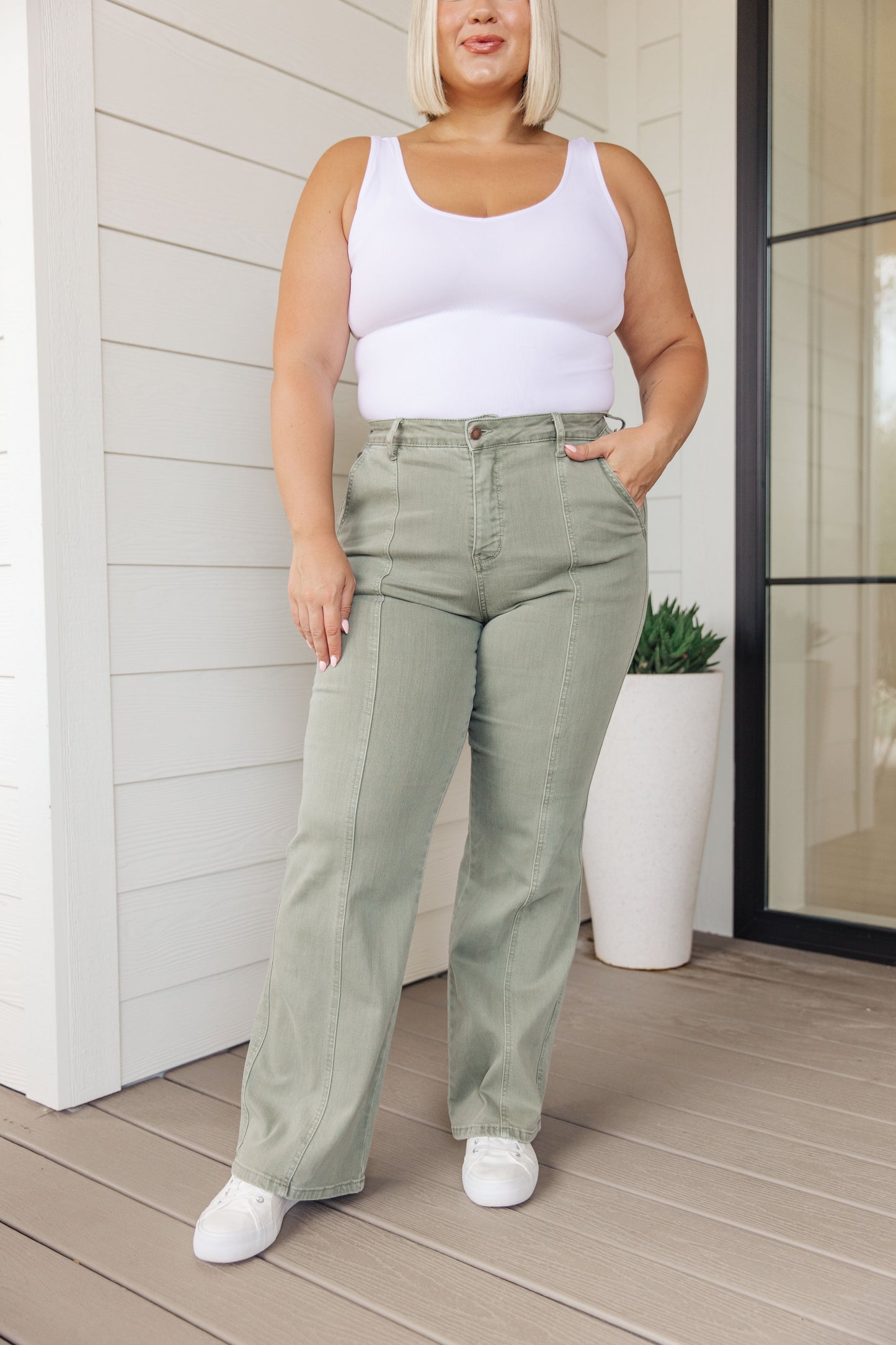 Phoebe High Rise Front Seam Straight Jeans in Sage - JUDY BLUE - Shop All Around Divas