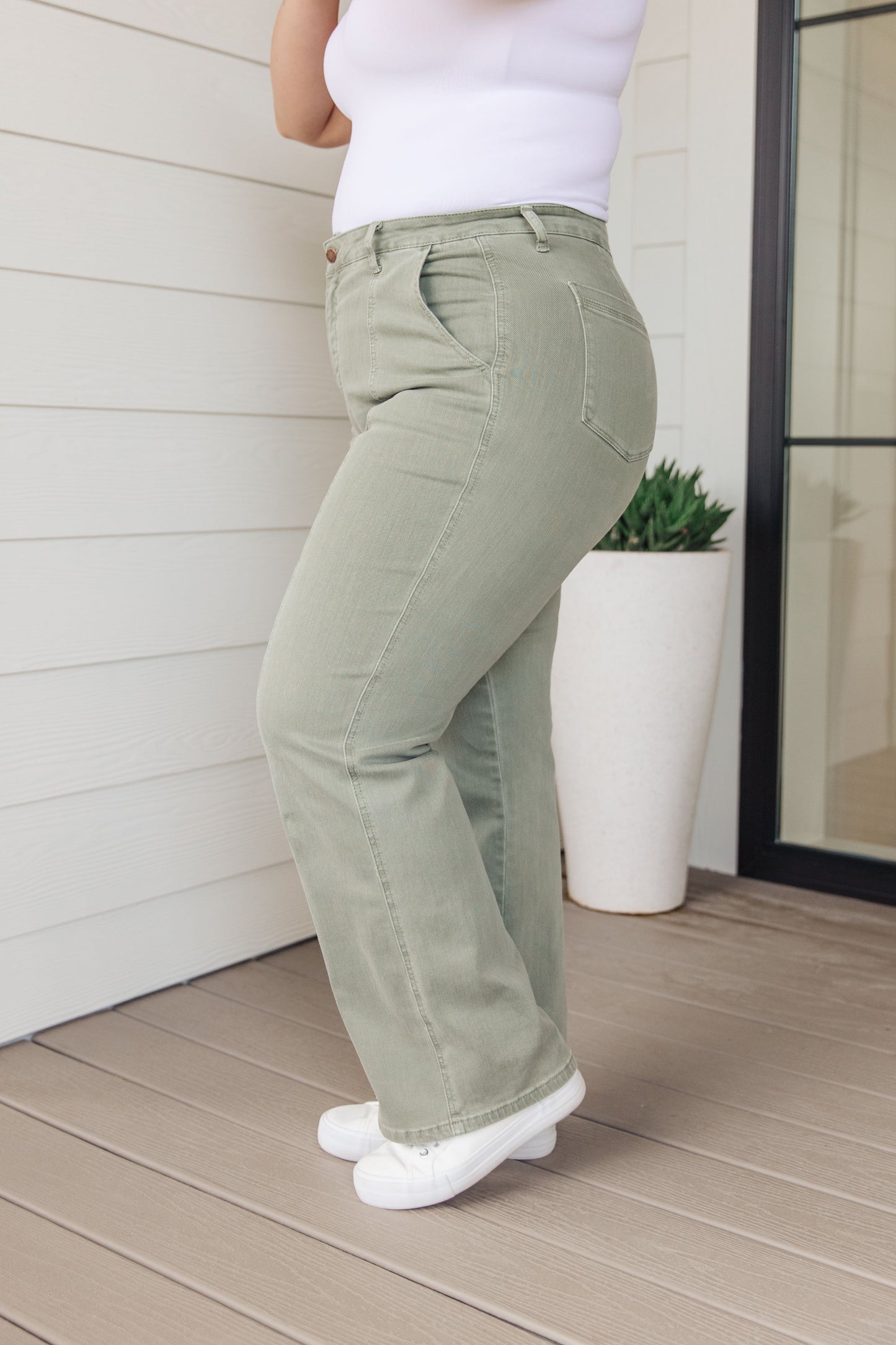 Phoebe High Rise Front Seam Straight Jeans in Sage - JUDY BLUE