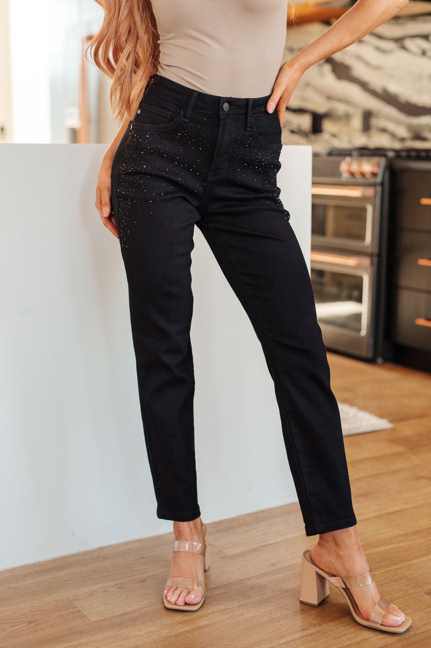 Reese Rhinestone Slim Fit Jeans in Black - Shop All Around Divas