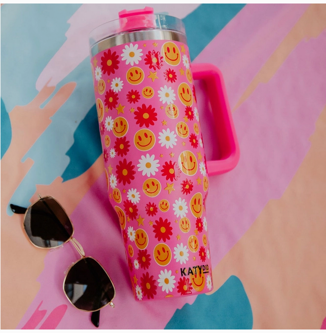 Red Flower Happy Face Travel Tumbler 40 oz
