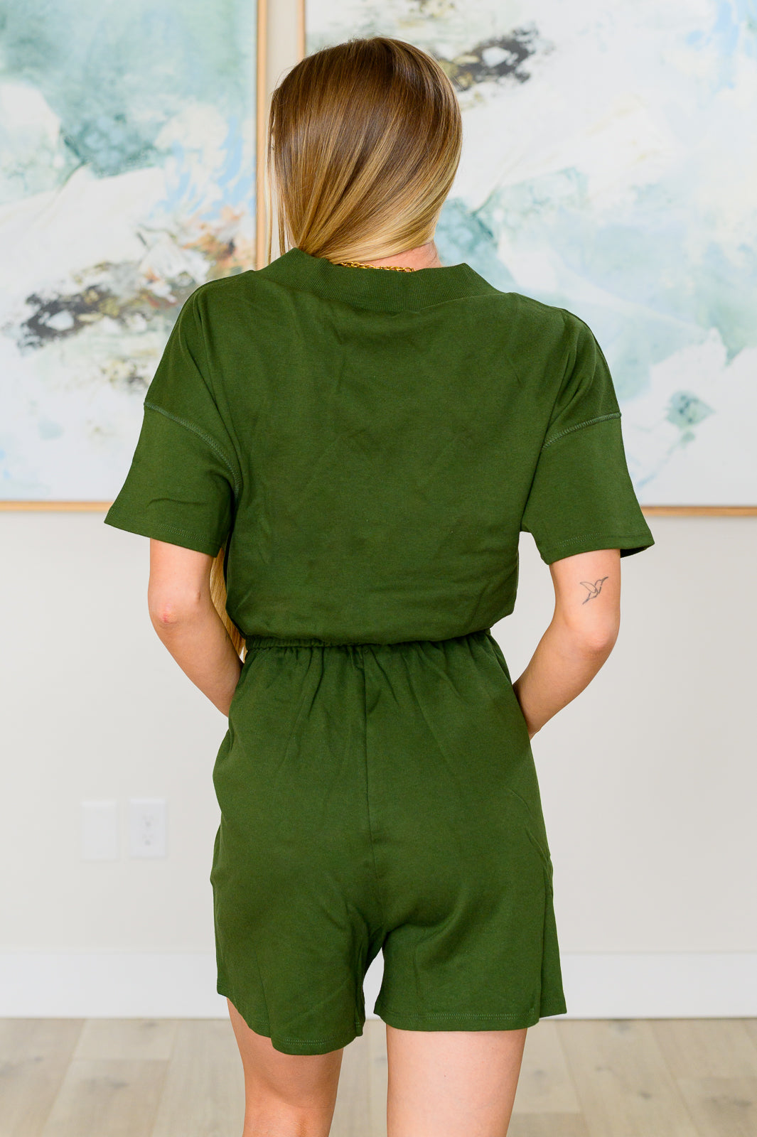 Short Sleeve V-Neck Romper in Army Green - Shop All Around Divas