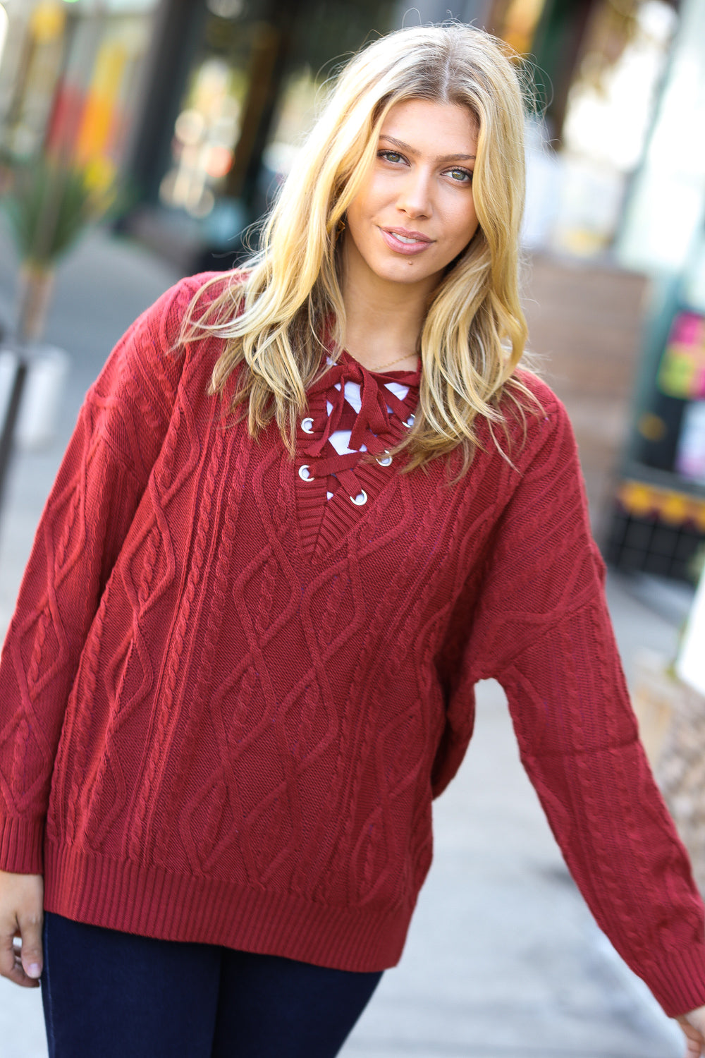 Fall Vibes Rust Cable Knit Lace Up V Neck Sweater