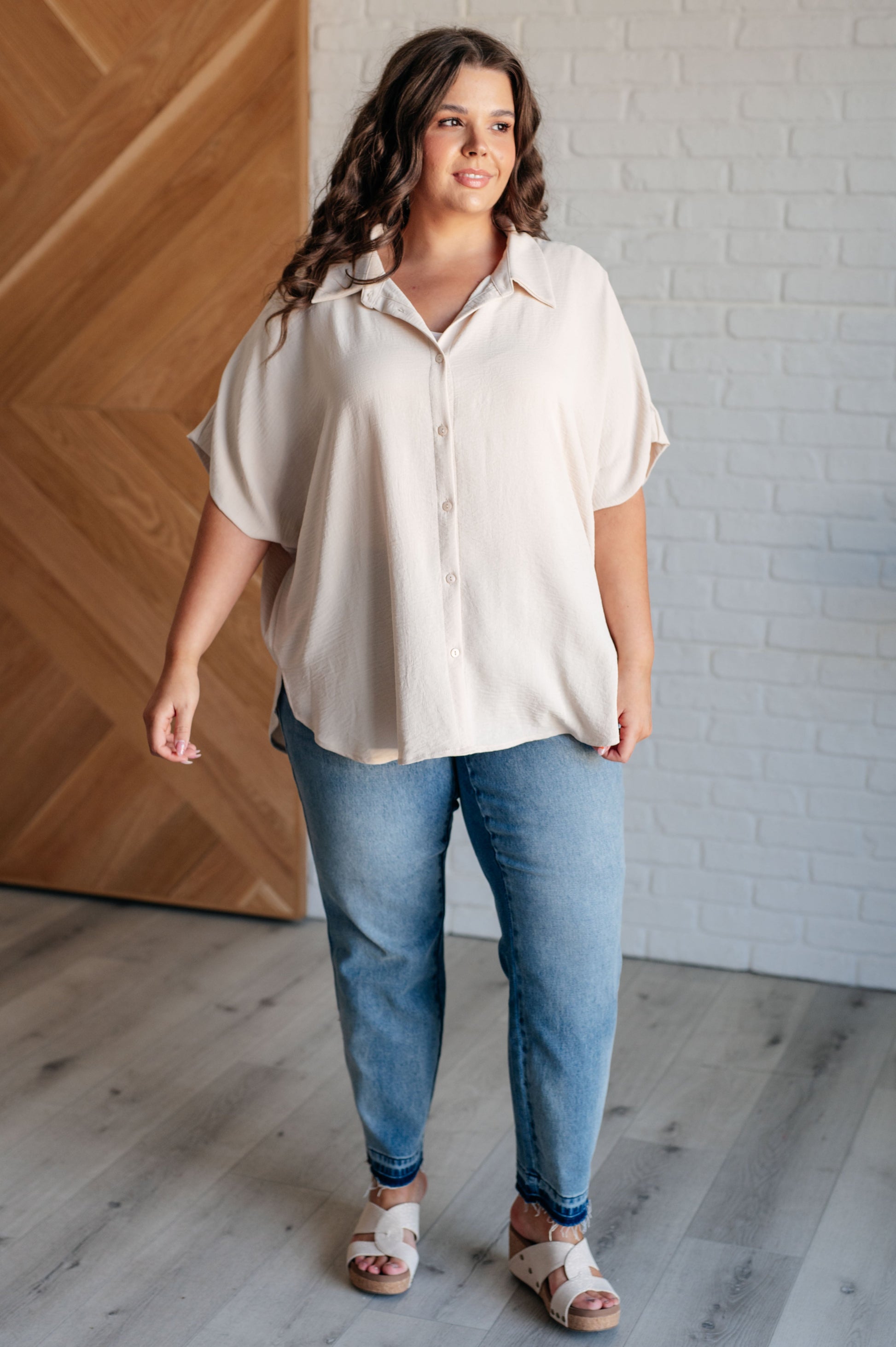 Sweet Simplicity Button Down Blouse in Oatmeal Ave Shops