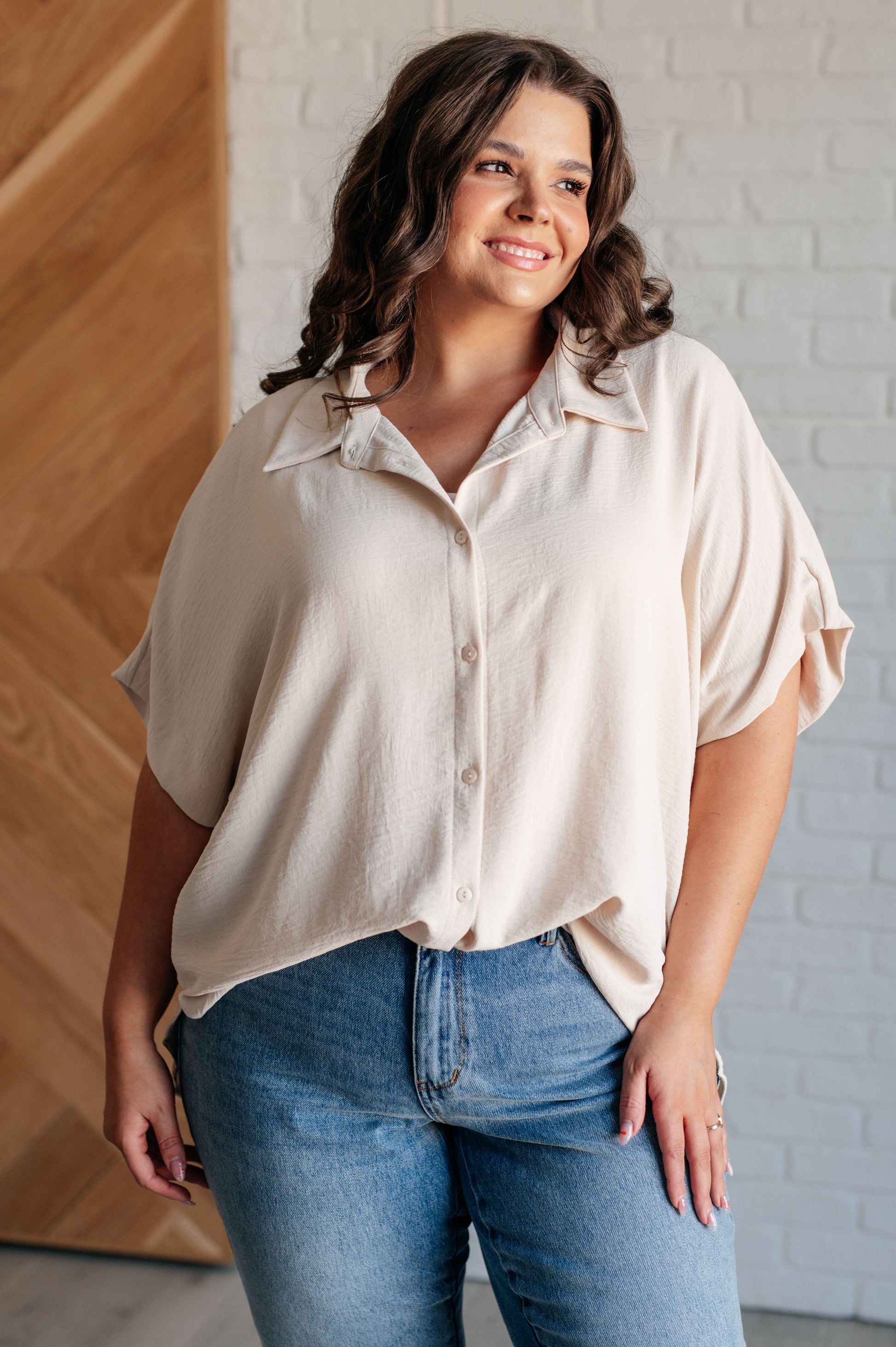 Sweet Simplicity Button Down Blouse in Oatmeal Ave Shops