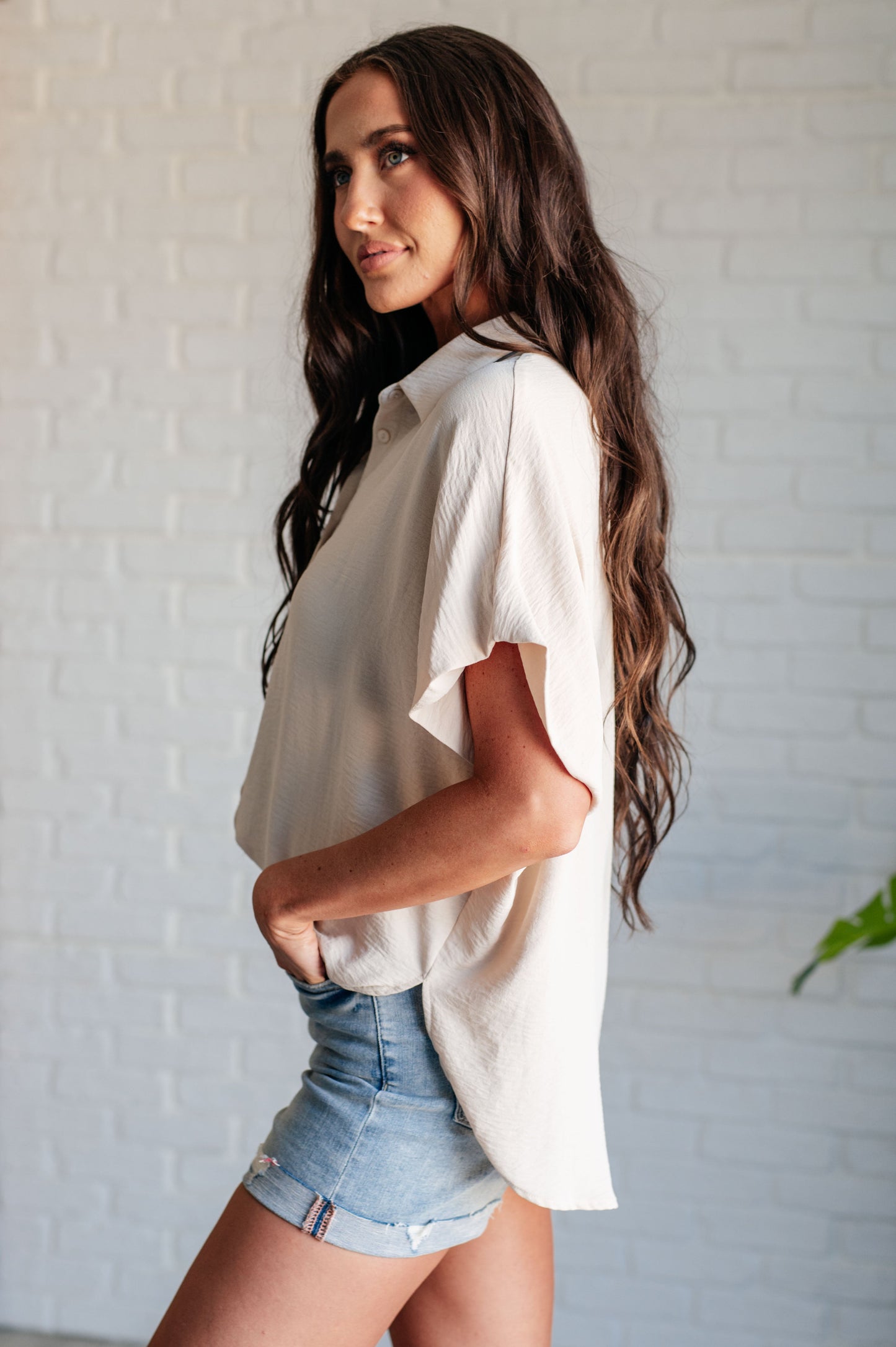 Sweet Simplicity Button Down Blouse in Oatmeal Ave Shops