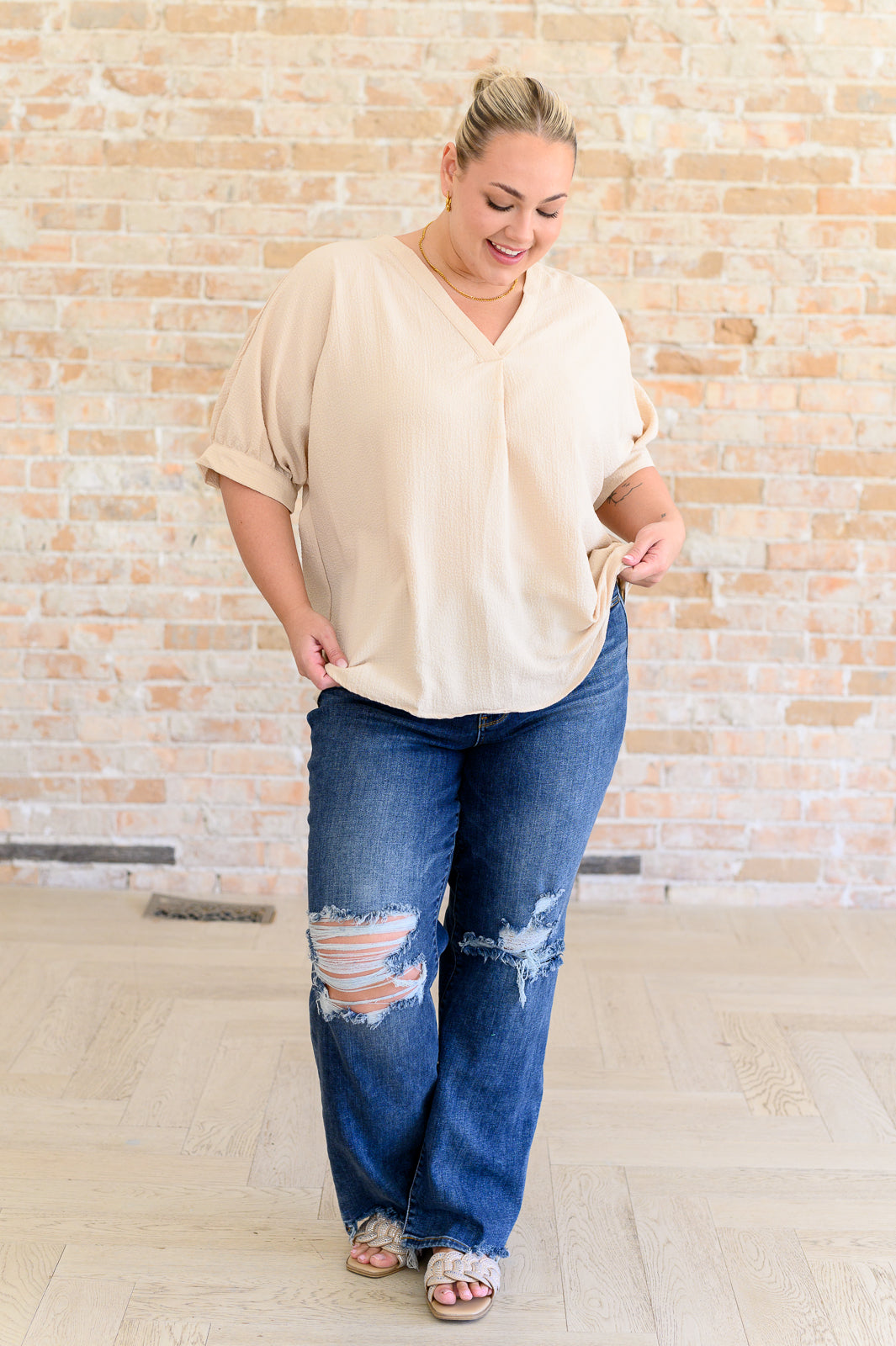 Up For Anything V-Neck Blouse in Taupe - Shop All Around Divas