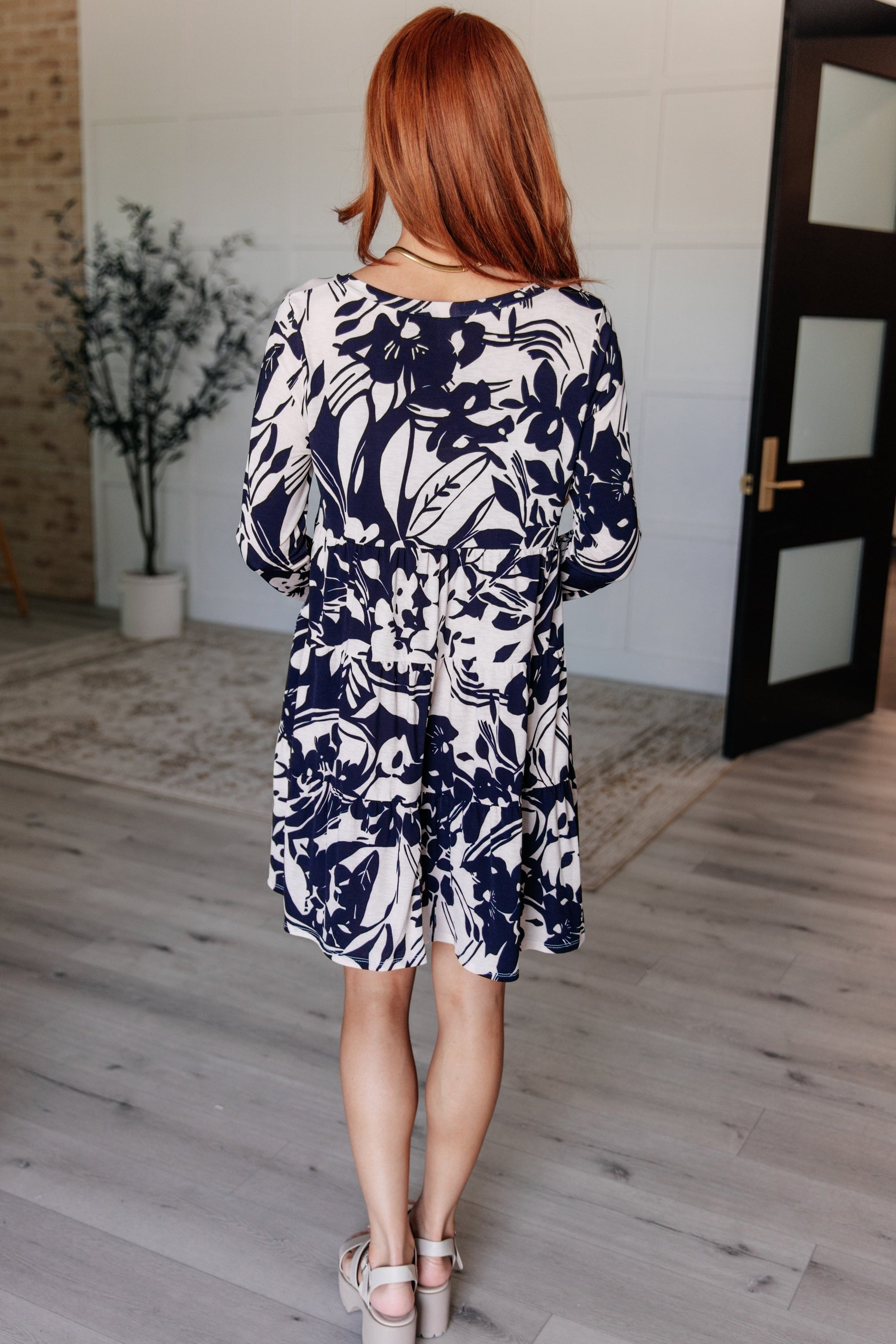 Worthwhile Moment Floral Tiered Dress in Oatmeal and Navy Ave Shops