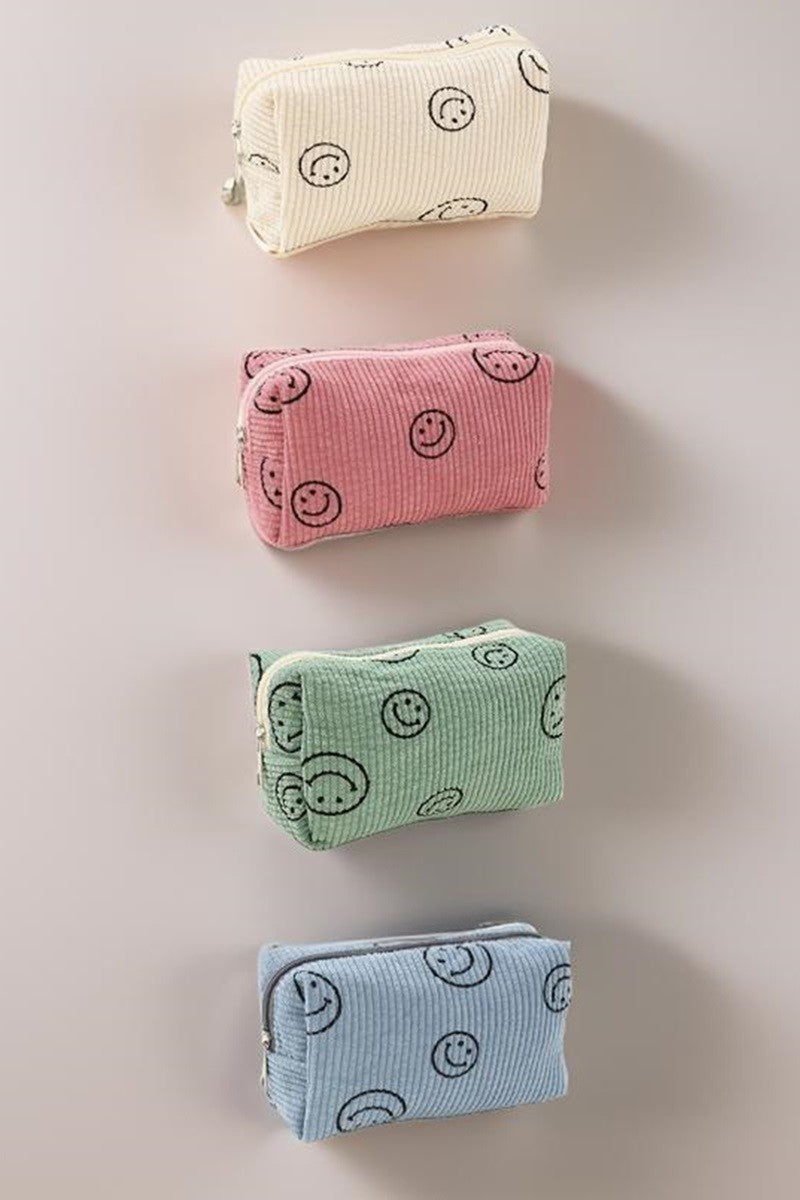 Zenana Smiley Face Corduroy Cosmetic Pouch - 6 Colors
